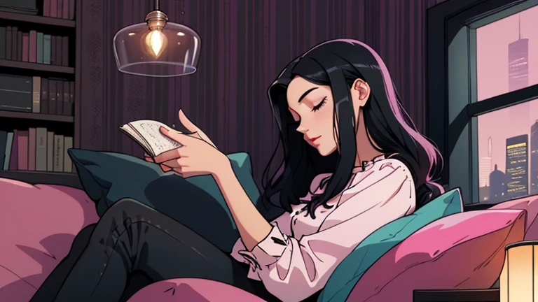 Beautiful woman in her 30s with black hair is sitting on the sofa. Looking down, eyes closed, LOFI girl, alone in the room, blouse, cozy wallpaper, big cushion, bookshelf, relaxing mood, night core, cozy, wide glass window with skyscrapers, outside view at night, only five fingers, pink wall,
