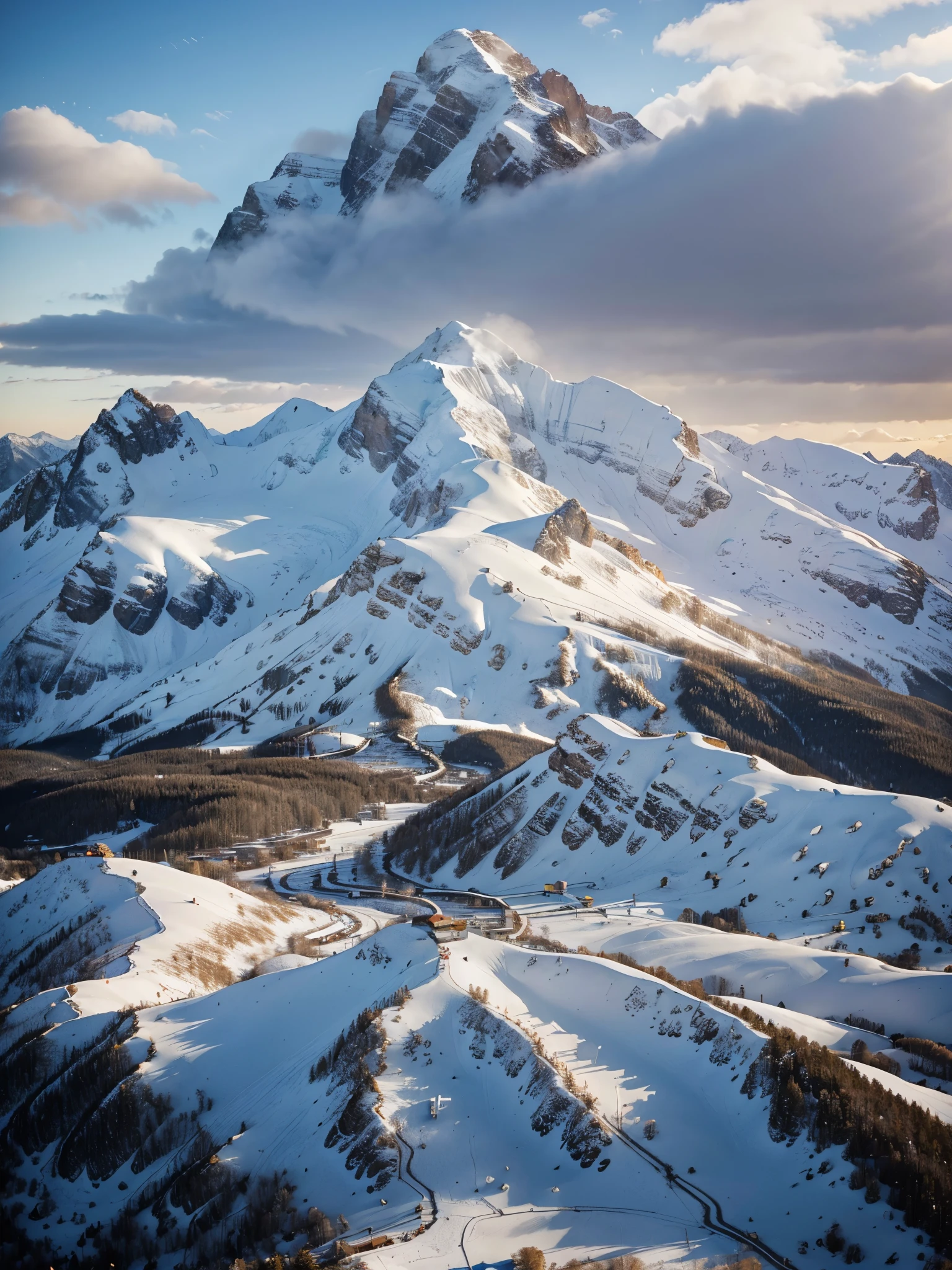 a snowy mountain with a mountain in the background, warm beautiful scene, mountain sunrise, stunning ski, snowy mountain background, beatiful mountain background, stunning skied, winter setting, snowy mountain landscape,  mountain, beautiful snowy landscape, winter atmosphere, snowy hill at sunrise, scenic mountain setting, majestic snowy mountains, hyper realistic ;  ultra hd ; 8k quality ; very highly detailed