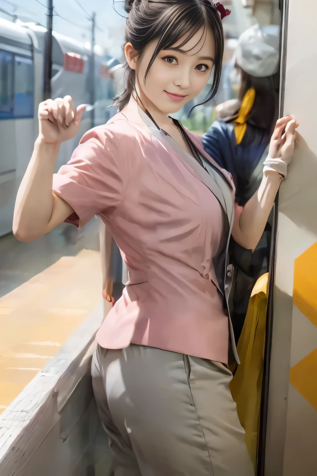 (masterpiece:1.2, highest quality:1.2), 32K HDR, High resolution, (alone、1 girl)、(On the rooftop of a building in the daytime、Professional Lighting)、Building rooftop background、(Nankai train crew uniform pinkを着たリアルスタイル)、(Nankai train crew uniform pink short sleeve pink jacket、Nankai Train Crew Uniform Pink Collarless Short Sleeve Blouse、Nankai Train crew uniform pinkのグレー色のキュロットスカート)、Dark brown hair、(Hair tied up、Hair Bun、Hair Bun)、Dark brown hair、Long Shot、Big Breasts、Thin legs、((Great hands:2.0)),((Harmonious body proportions:1.5)),((Normal limbs:2.0)),((Normal finger:2.0)),((Delicate eyes:2.0)),((Normal eyes:2.0)))、smile、(Nankai Train crew uniform pinkのグレー色のキュロットスカートを見せた美しい歩く姿)、Put your hands down