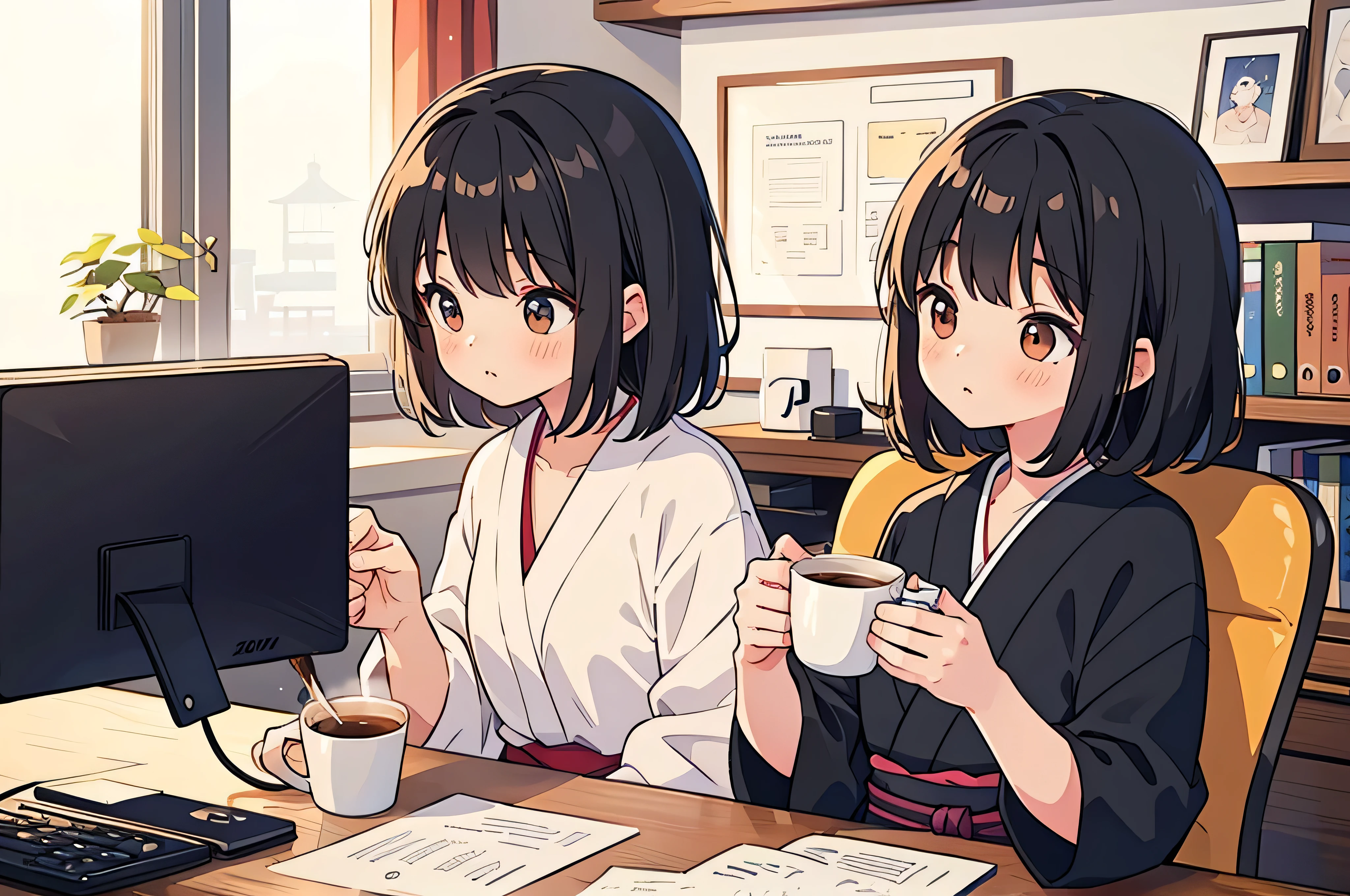 highest quality, masterpiece,  girl,  1 person,   Japanese,  20-year-old, cute,  Black Hair,  Drinking coffee in the office