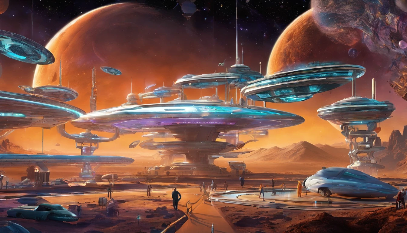 An avant-garde, awe-inspiring 3D render of a futuristic starship, masterfully blending the imaginative realms of Jules Verne, Cosmicpunk, Gerry and Sylvia Anderson, Larry Niven, and Jules Verne. The spaceship's base design is a Freightliner tractor trailer, while its bridge resembles a 75% version of a 1957 Chevy Nomad and a 1980s Mack Truck cab. A breathtaking conceptual art piece showcasing an enormous space station, Deep Space 9 style but in the shape of Babylon 5. In the style of protovision and 3D render, the station is surrounded by six O'Neal Class space stations, arranged in equilateral formation, with one in the center. The space station is as massive as 10 times Saturn and generates its own power, illuminating the surrounding area with vibrant glass and crystal diamond-like structures. It's a world memorizing world into itself. At the zenith, of the structure is the command center, in the shape of a metallic gold wired constructed circular 1974 Winnebago. This cinematic scene, inspired by Walter Matt Jeffries, Arthur C Clarke, & Leonardo Da Vinci, features a massive bustling spaceport with hundreds of starships constantly arriving and departing, while the background showcases a stunning cosmic landscape of stars, a nebula, and a comet. It's in 2 million UHD Resolution. The overall composition is a masterful blend of architecture, portrait photography, and the vision of life in the year 5,000., conceptual art, fashion, cinematic, photo, dark fantasy, 3d render, portrait photography, graffiti, architecture, Vibrant Glass.