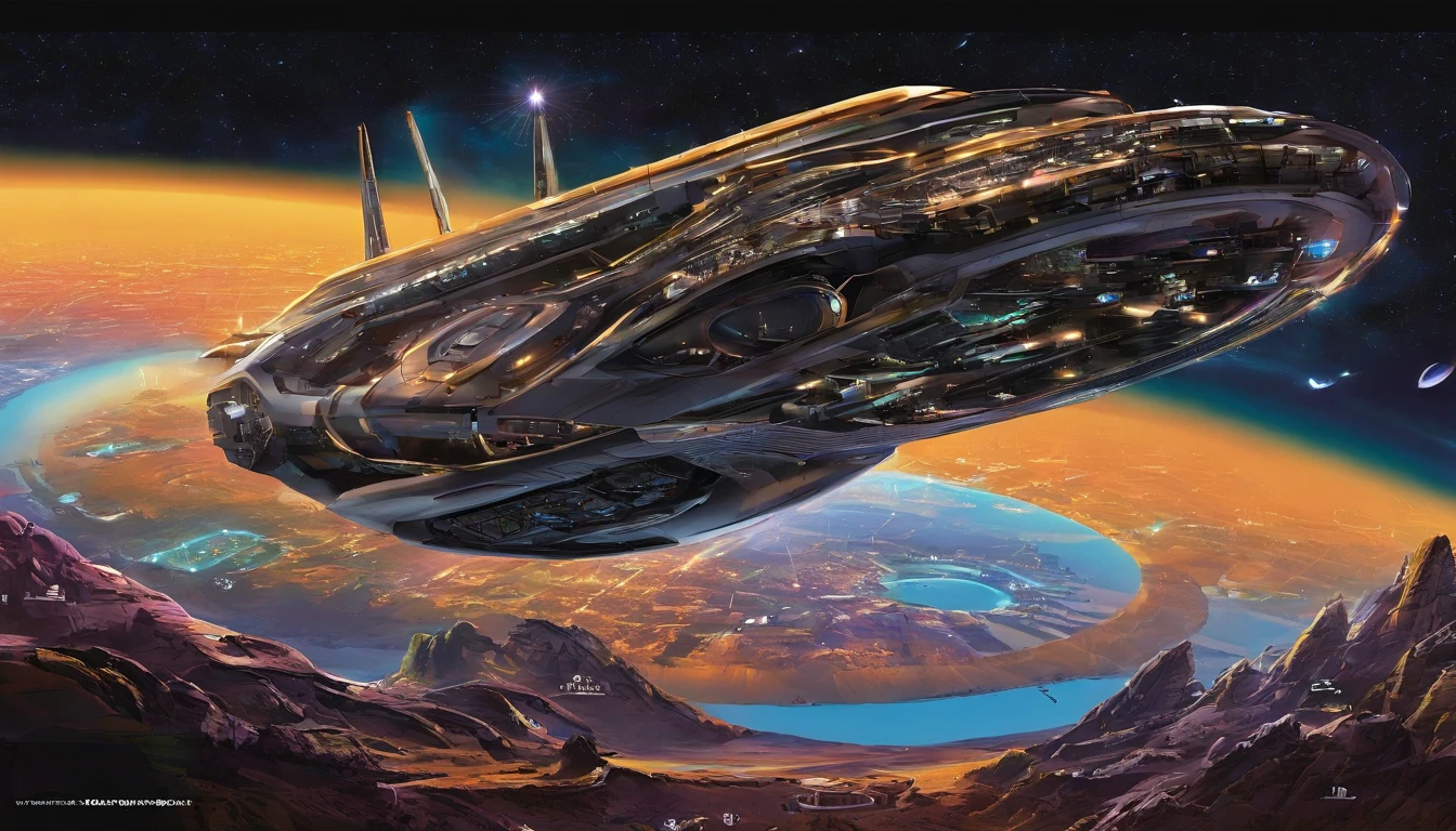 An avant-garde, awe-inspiring 3D render of a futuristic starship, masterfully blending the imaginative realms of Jules Verne, Cosmicpunk, Gerry and Sylvia Anderson, Larry Niven, and Jules Verne. The spaceship's base design is a Freightliner tractor trailer, while its bridge resembles a 75% version of a 1957 Chevy Nomad and a 1980s Mack Truck cab. A breathtaking conceptual art piece showcasing an enormous space station, Deep Space 9 style but in the shape of Babylon 5. In the style of protovision and 3D render, the station is surrounded by six O'Neal Class space stations, arranged in equilateral formation, with one in the center. The space station is as massive as 10 times Saturn and generates its own power, illuminating the surrounding area with vibrant glass and crystal diamond-like structures. It's a world memorizing world into itself. At the zenith, of the structure is the command center, in the shape of a metallic gold wired constructed circular 1974 Winnebago. This cinematic scene, inspired by Walter Matt Jeffries, Arthur C Clarke, & Leonardo Da Vinci, features a massive bustling spaceport with hundreds of starships constantly arriving and departing, while the background showcases a stunning cosmic landscape of stars, a nebula, and a comet. It's in 2 million UHD Resolution. The overall composition is a masterful blend of architecture, portrait photography, and the vision of life in the year 5,000., conceptual art, fashion, cinematic, photo, dark fantasy, 3d render, portrait photography, graffiti, architecture, Vibrant Glass.
