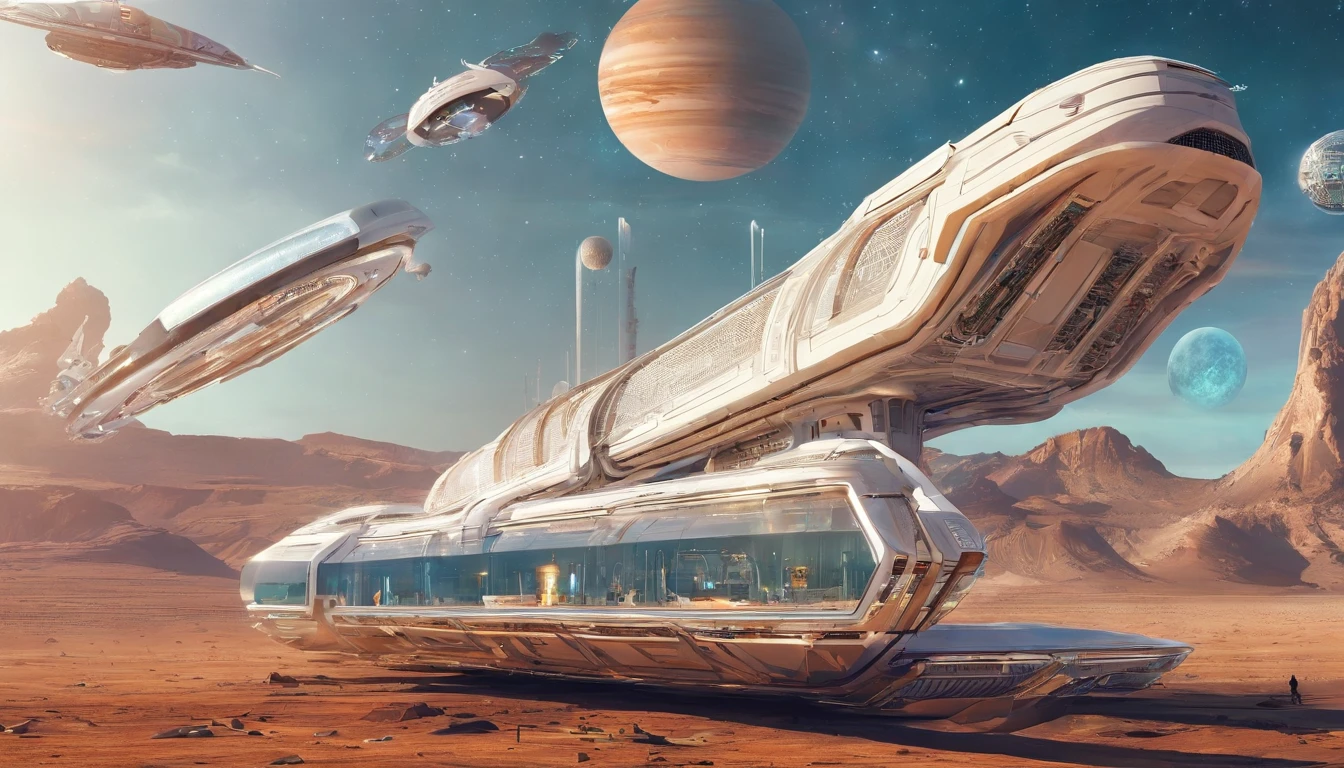 An avant-garde, awe-inspiring 3D render of a futuristic starship, masterfully blending the imaginative realms of Jules Verne, Cosmicpunk, Gerry and Sylvia Anderson, Larry Niven, and Jules Verne. The spaceship's base design is a Freightliner tractor trailer, while its bridge resembles a 75% version of a 1957 Chevy Nomad and a 1980s Mack Truck cab. A breathtaking conceptual art piece showcasing an enormous space station, Deep Space 9 style but in the shape of Babylon 5. In the style of protovision and 3D render, the station is surrounded by six O'Neal Class space stations, arranged in equilateral formation, with one in the center. The space station is as massive as 10 times Saturn and generates its own power, illuminating the surrounding area with vibrant glass and crystal diamond-like structures. It's a world memorizing world into itself. At the zenith, of the structure is the command center, in the shape of a metallic gold wired constructed circular 1974 Winnebago. This cinematic scene, inspired by Walter Matt Jeffries, Arthur C Clarke, & Leonardo Da Vinci, features a massive bustling spaceport with hundreds of starships constantly arriving and departing, while the background showcases a stunning cosmic landscape of stars, a nebula, and a comet. It's in 2 million UHD Resolution. The overall composition is a masterful blend of architecture, portrait photography, and the vision of life in the year 5,000., conceptual art, fashion, cinematic, photo, dark fantasy, 3d render, portrait photography, graffiti, architecture, Vibrant Glass.