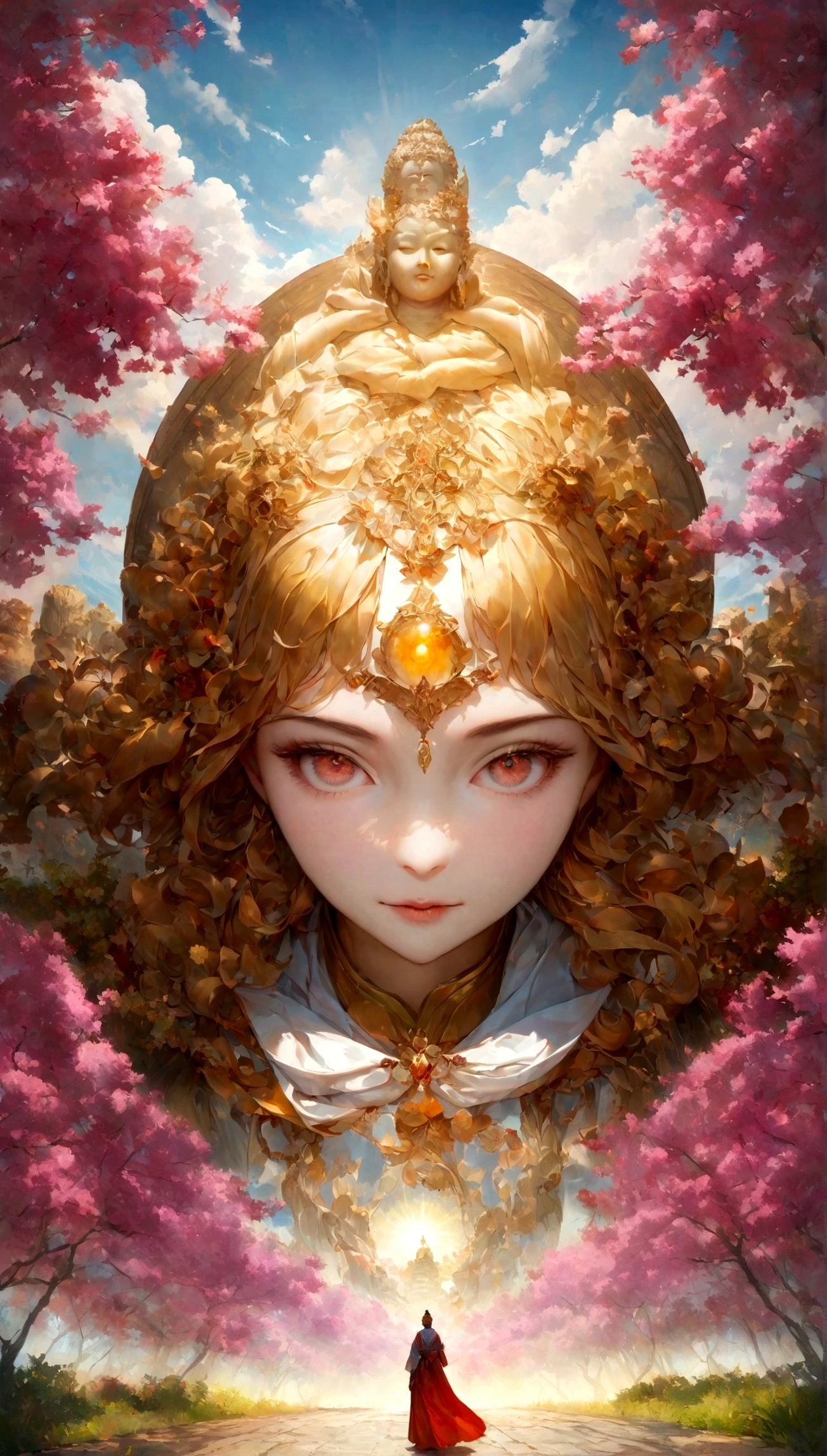 ((masterpiece)),(最high quality)),Chinese style,In the sky, The clouds form a giant transparent and shining white jade Maitreya Buddha statue,Thick Clouds,The sun shines,Pilgrims' Path,Surreal,Ultra-photorealism,pink,8k,High resolution,high quality,Masterpieces,Ultra-fine,(((OC Renderer))),photo portrait(((Symmetric)))