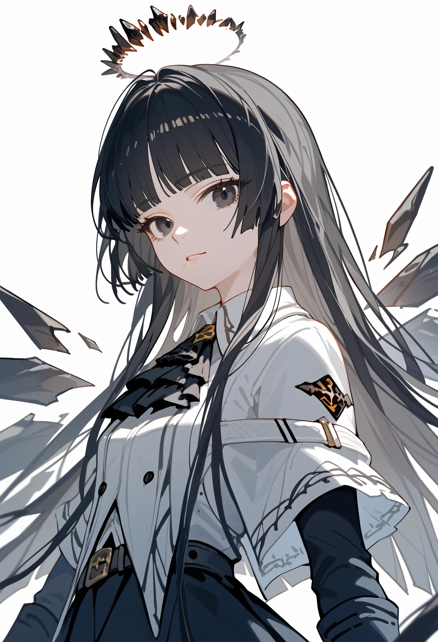 (score_9, score_8_up, score_7_up), 1girl, VirtuosaBase, black eyes, long hair, hime cut, broken halo, black ascot, white shirt, capelet, black sleeves, black gloves, belt, black skirt, energy wings, looking at viewer, upper body, zoom out, small breasts, calm, portrait, white background,