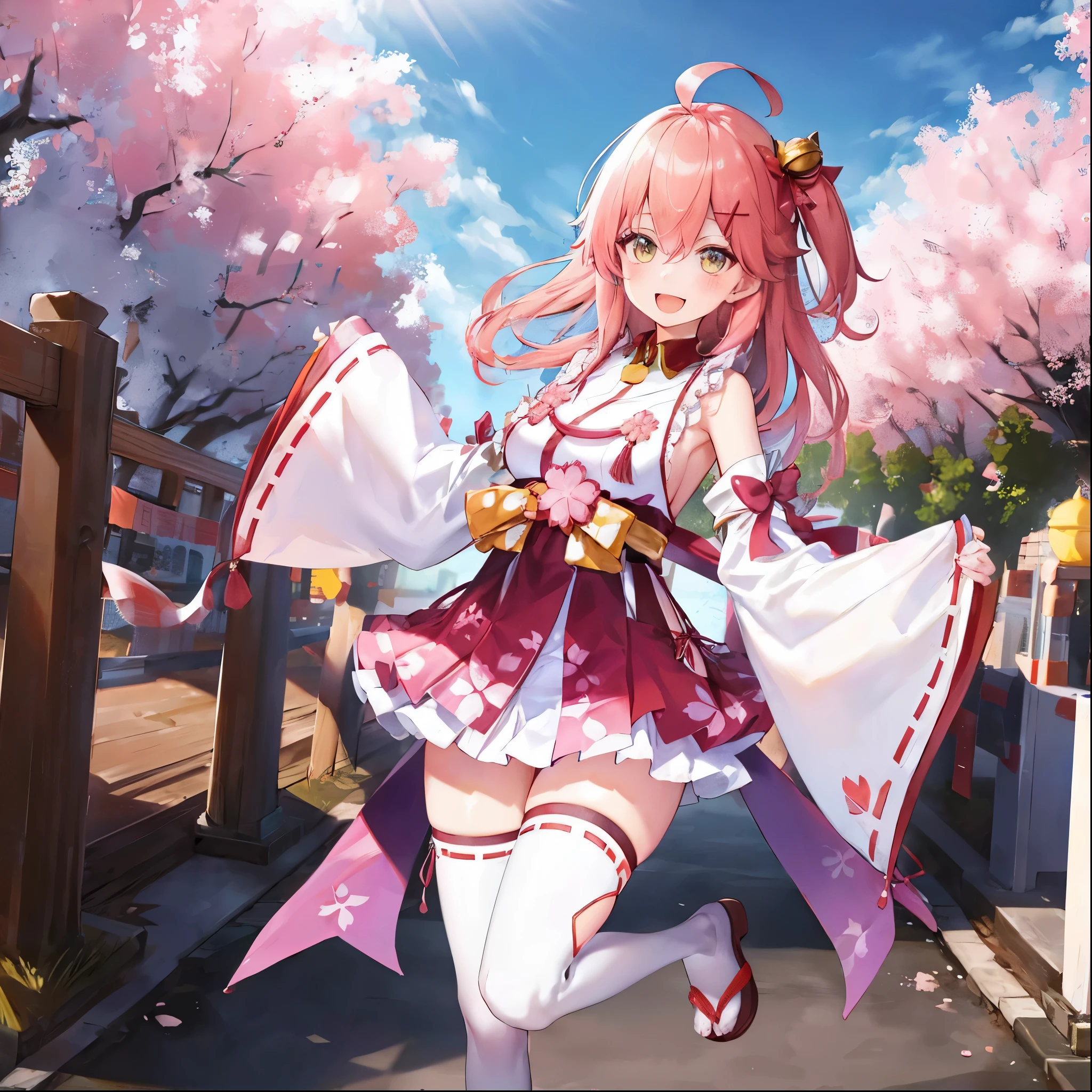 masterpiece, best quality, highres, miko1, sakura_miko, 1girl, big_boobs, solo, ahoge, x_hair_ornament, pink_hair, floral print, hairclip,(side_less_clothes:1.5), (side_boobs:1.5), hair_bell, floral print, long_hair, hair between eyes, one side up, white thighhighs, asymmetrical legwear, wide sleeves, open_mouth,(happy:1.3),gleen_eyes,big_smile,(rise_leg:1.3),plump,apart_legs,(overly_long_sleeves:1.3),),sleeves_past_wrists,hands_hidden_sleeves,sidelock_clothes,dynamic_posing,solo,hidden_wrists,(XD:1.4),covered_nipples,sunlight,cherryblossom_background,