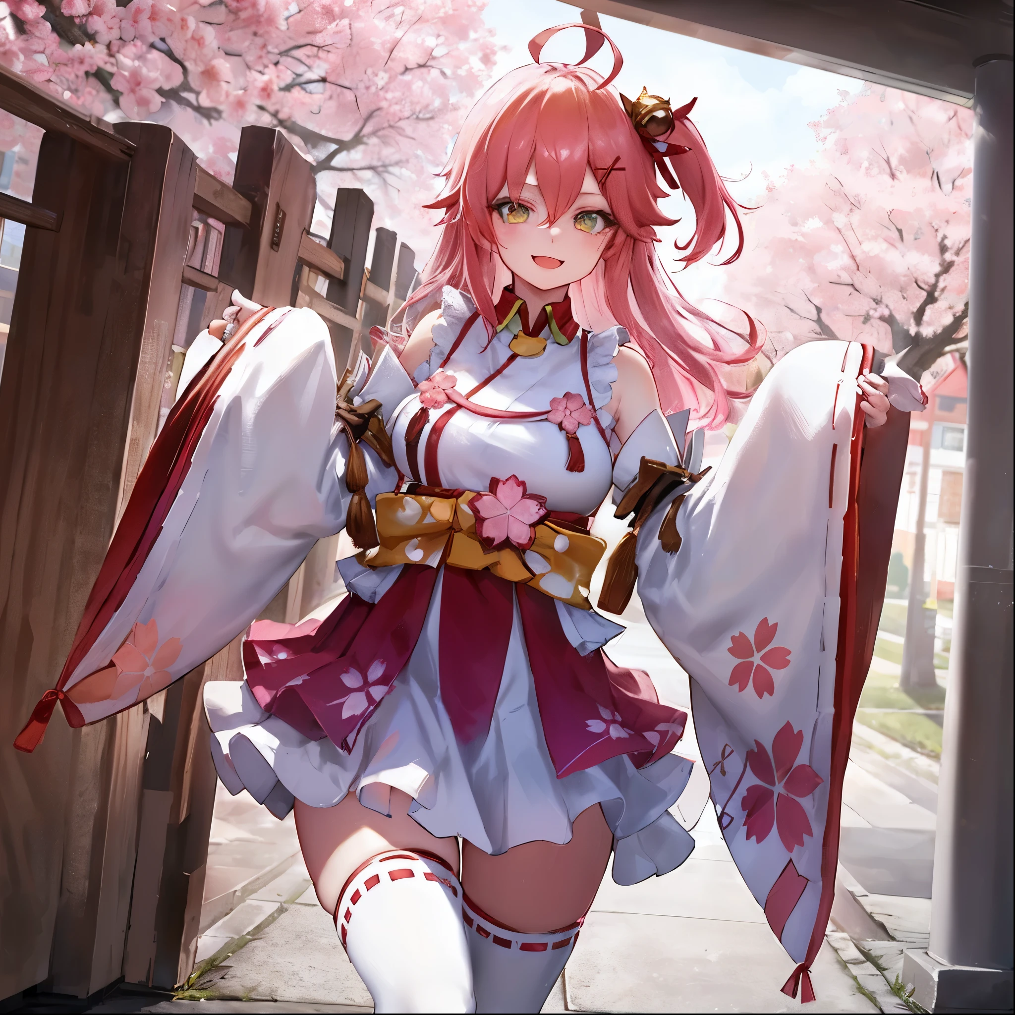 masterpiece, best quality, highres, miko1, sakura_miko, 1girl, big_boobs, solo, ahoge, x_hair_ornament, pink_hair, floral print, hairclip,(side_less_clothes:1.5), (side_boobs:1.5), hair_bell, floral print, long_hair, hair between eyes, one side up, white thighhighs, asymmetrical legwear, wide sleeves, open_mouth,(happy:1.3),gleen_eyes,big_smile,(rise_leg:1.3),plump,apart_legs,(overly_long_sleeves:1.3),),sleeves_past_wrists,hands_hidden_sleeves,sidelock_clothes,dynamic_posing,solo,hidden_wrists,(XD:1.4),covered_nipples,sunlight,cherryblossom_background,
