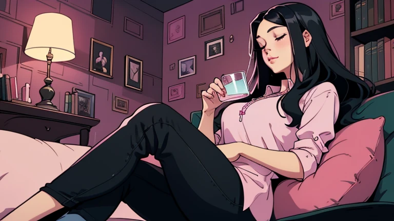 Beautiful woman in her 30s with black hair is sitting on the sofa. Looking down, eyes closed, LOFI girl, alone in the room, blouse, cozy wallpaper, big cushion, bookshelf, relaxing mood, night core, cozy, wide glass window with skyscrapers, outside view at night, only five fingers, pink wall,
