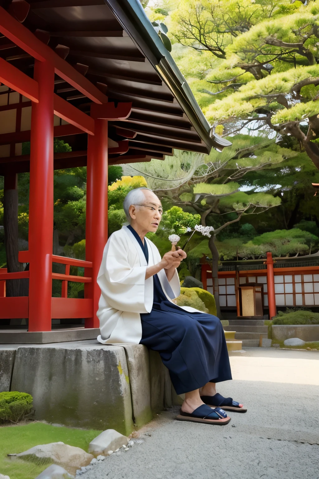 Composing a haiku,Omi Shrine,Hakama,Sitting,Heian period,Elderly,male,Pointing diagonally upwards,Secondary color is green,Reverse the direction of your body