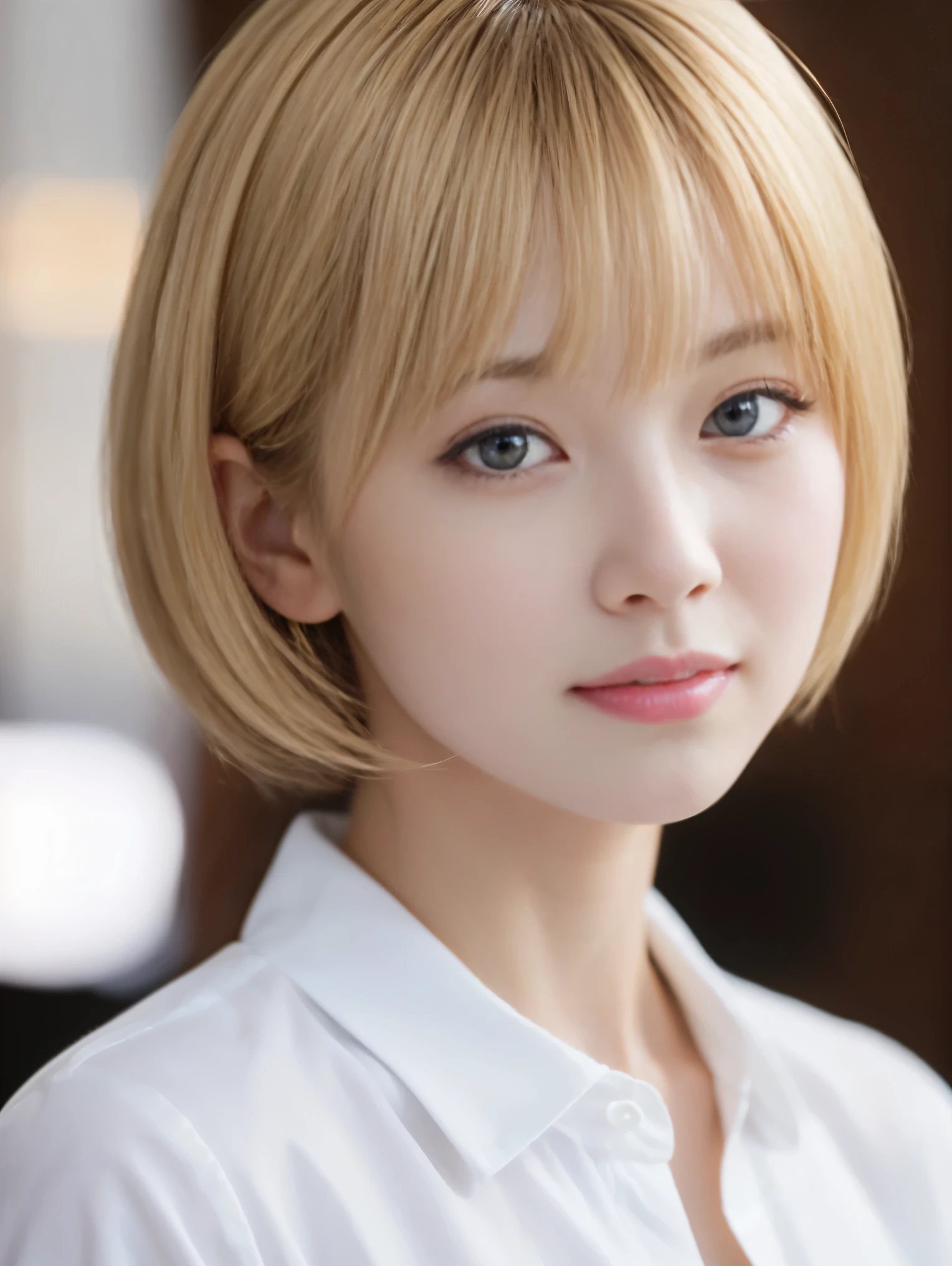 (Filmed:1.2)、(Photorealistic:1.4)、(masterpiece:1.3)、(highest quality:1.4)、超A high resolution、(Detailed eyes)、(Detailed facial features)、(Detailed clothing features)、8K resolution、Solo Focus、Bans、double eyelid、Japanese, (One Girl), Beautiful Face, (A vivid face), (Blonde, short hair:1.3), Beautiful Hairstyles, Realistic eyes, Beautiful Eyes, (Realistic Skin), Beautiful Skin, attractive, 超A high resolution, Surreal, High definition, Seeing the viewer,Laughter,Open white shirt,standing、It feels like I&#39;m looking down、Kamimei、I can see your chest