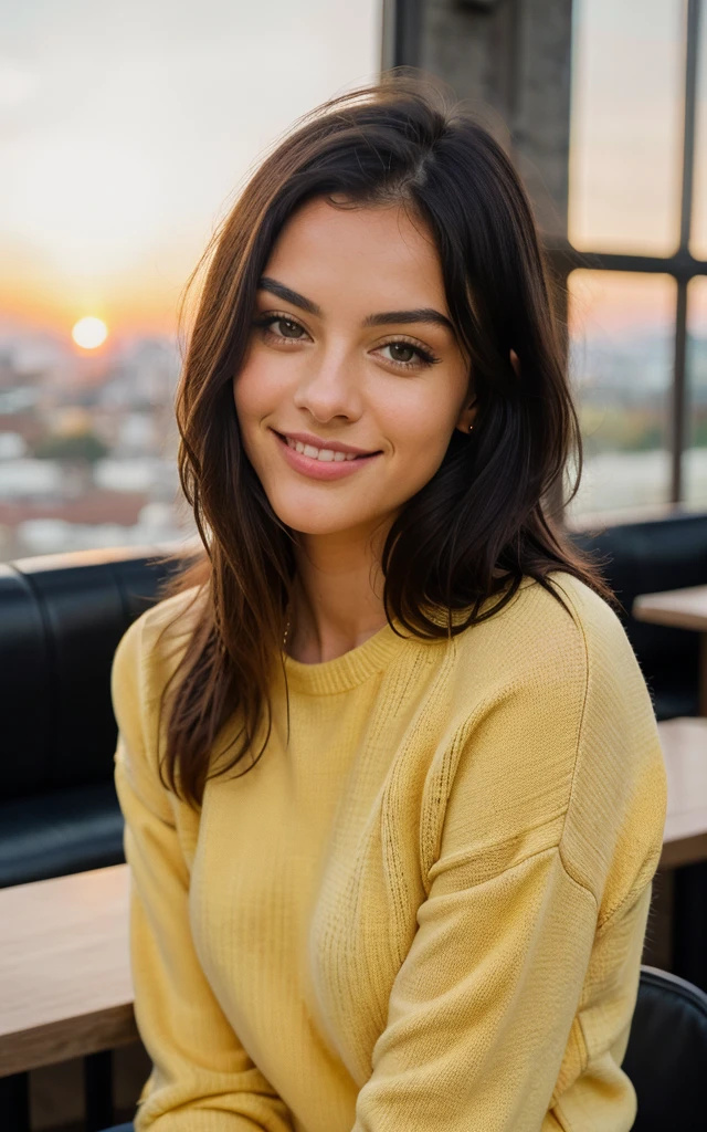 Cute beautiful black hair in a yellow sweater (Modern café at sunset), Very detailed, 20-year-old, Innocent face, Naturally Wavy Hair, black eye, High resolution, masterpiece, highest quality, Intricate details, Very detailed, Sharp focus, Fine skin, Realistice Hauttextur, texture, Fine grain, Professional, 4K, Cute Smile, Taken with a Canon, 85mm, Depth of written boundary, Kodak Vision Color, Perfectly Fit Body, Very detailed, photograph_\(Ultra\), fotoRealistic, Realistic, Post-processing, Maximum detail, Roughness, Real Life, UltraRealistic, photographrealismus, photographgrafie, 8K UltraHD, photographgrafie