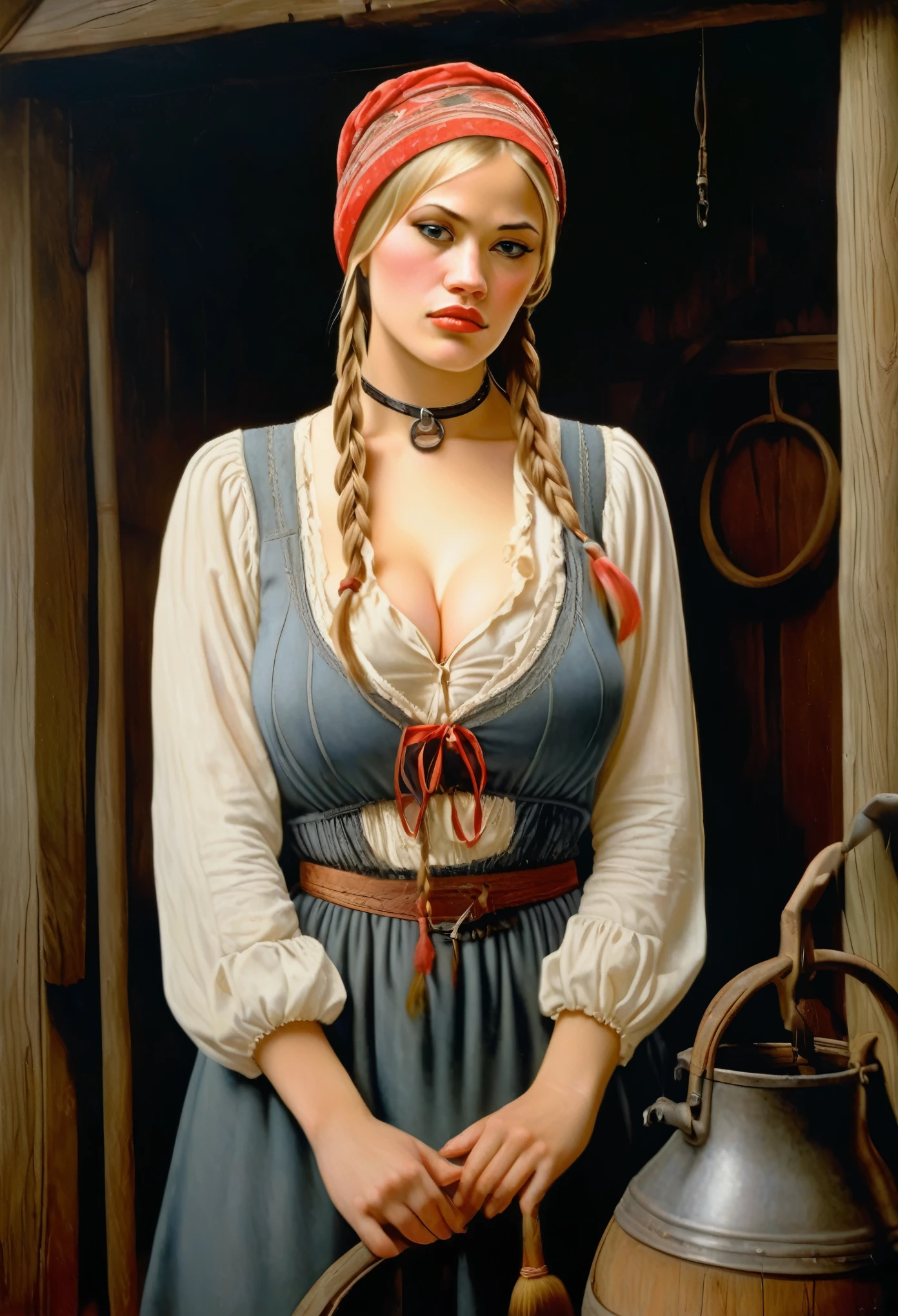 masterpiece, photorealistic portrait of Guinwen in a transparent peasant gown bending over, oil painting, 8K, detailed, 1 girl, short neck, sweet face, detailed face, ((face of Guinwen)), detailed eyes, graue Augen, big eyes, ((full lips)), ((blonde hair)), thick braid. sehr detailliert, sichtbare Taille, (natural breasts), ((huge teardrop breasts)), full lips, soft skin, slim waist, narrow pelvis, narrow hips, (((gigantic breasts))), slim thighs, (slavecollar), detailed hands, milking bucket, handcuffs, in a barn, cowbell, braid, looking fearful, ashamed, sagging breasts, tj, open blouse, wet clothing, she looks fearsome, prudish, shy, tears,