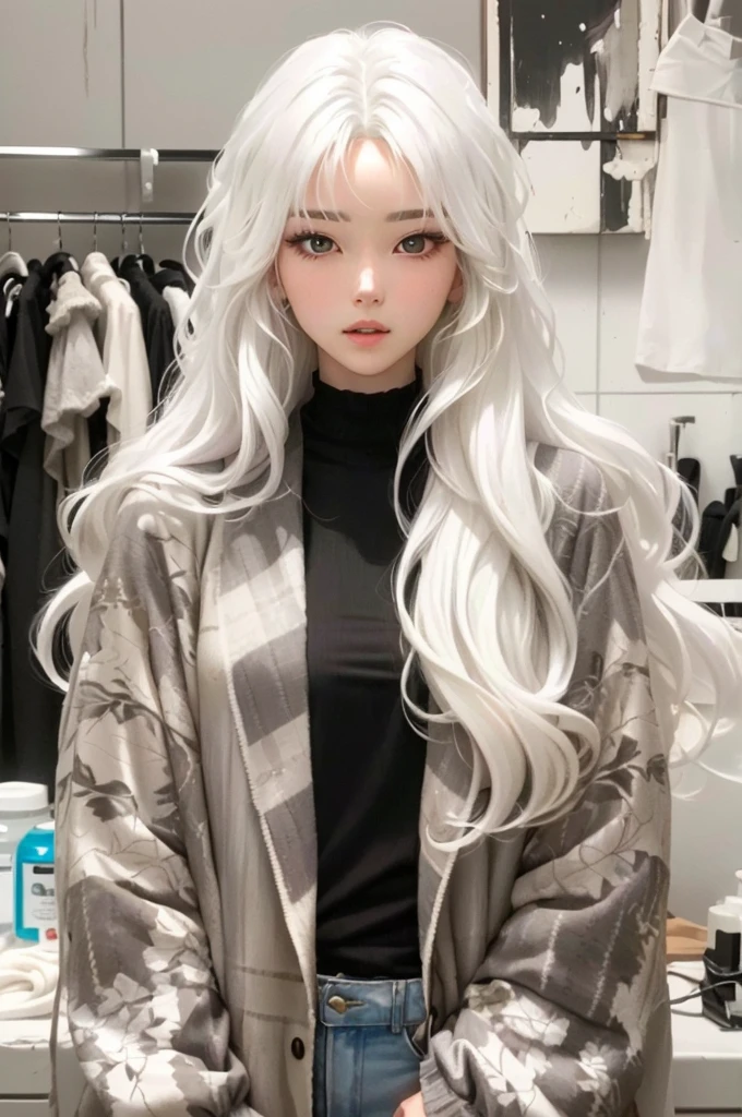 araffed woman with long white hair standing in a room, with long white hair, with white long hair, long wavy white hair, long white hair and bangs, messy wavy white hair, wavy white long hair, 머리 gray hair, white long hair!!, flowing white hair, gray hair, her hair is white, long flowing white hair