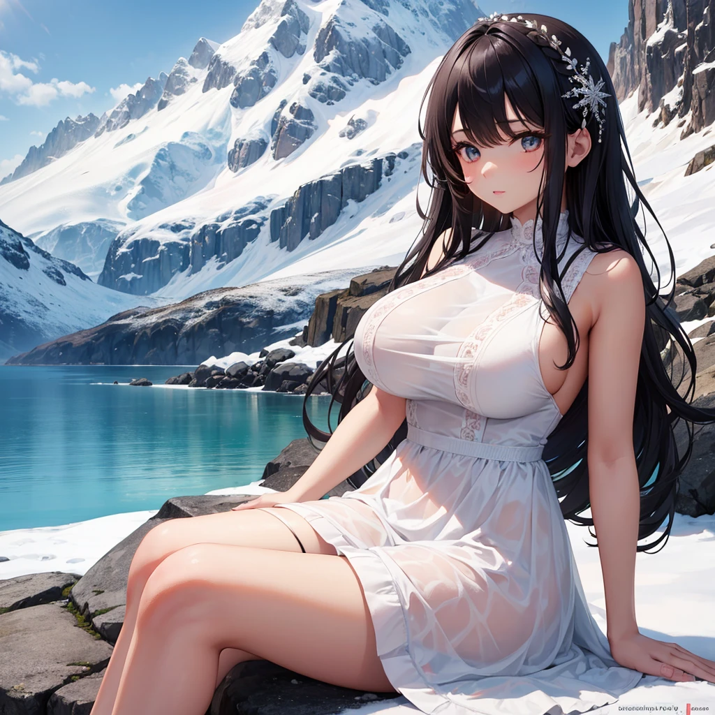 Girl with tan skin with big breast and dark hair thats wavy sitting by a snowy mountain wearing a dress with lace