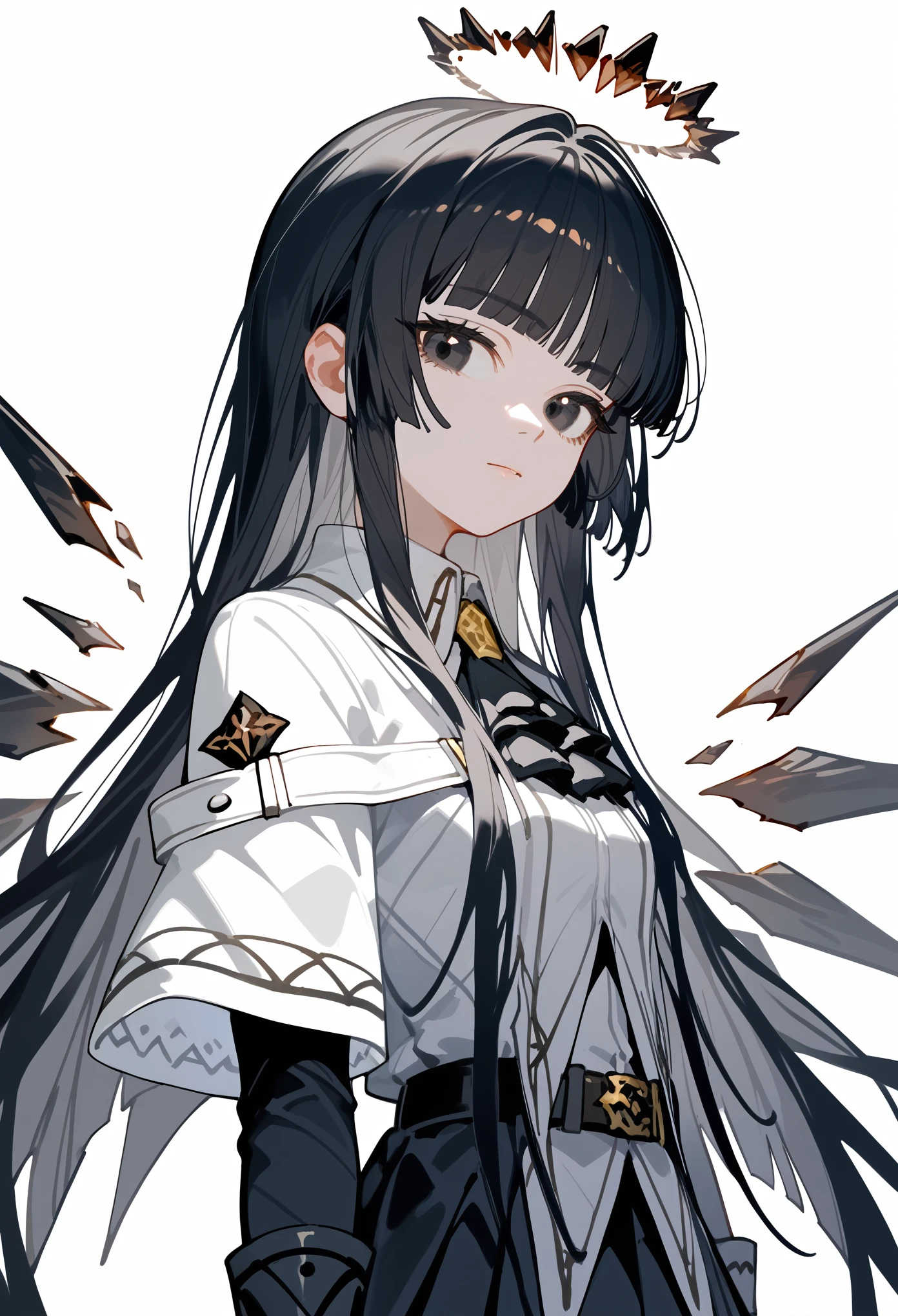 (score_9, score_8_up, score_7_up), 1girl, VirtuosaBase, black eyes, long hair, hime cut, broken halo, black ascot, white shirt, capelet, black sleeves, black gloves, belt, black skirt, energy wings, looking at viewer, upper body, zoom out, small breasts, calm, portrait, white background,