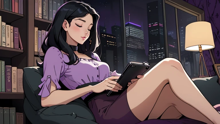 Beautiful woman in her 30s with black hair is sitting on the sofa. Looking down, eyes closed, LOFI girl, alone in the room, blouse, cozy wallpaper, big cushion, bookshelf, relaxing mood, night core, cozy, wide glass window with skyscrapers, outside view at night, only five fingers, purple wall, Holding a smartphone in hand