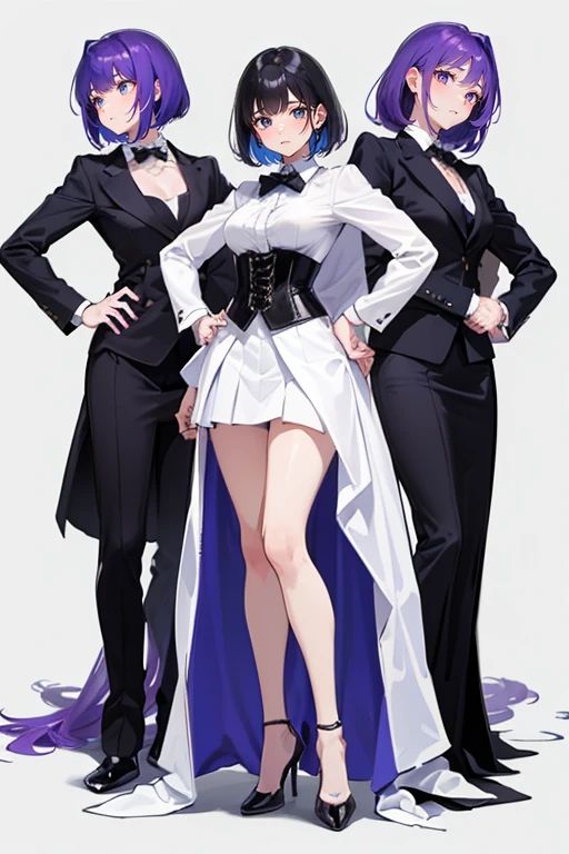 Purple Hair,Bob hair,Adult female,(suit),White Y-shirt,((Rolling up his sleeves)),(corset),(Black tight skirt),(High heels),Heels are visible,((Simple white background)),smile,((whole body)),((full body)),((Stand up straight))