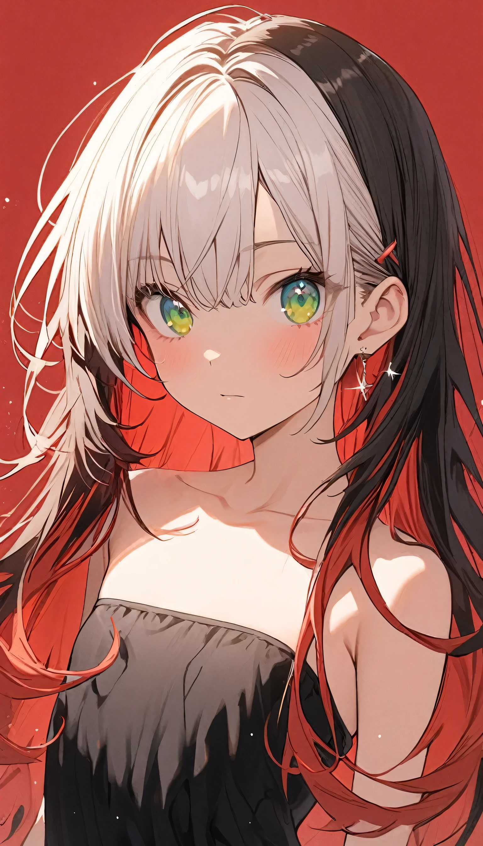 1 girl who is easy to get along with, kawaii, long straight hair, Shine red hair, black hair, white hair, multicolored hair, green eyes, (Flat Chest:2.0),simple red background, Strapless dress, showing off your collarbone, upper body portrait,