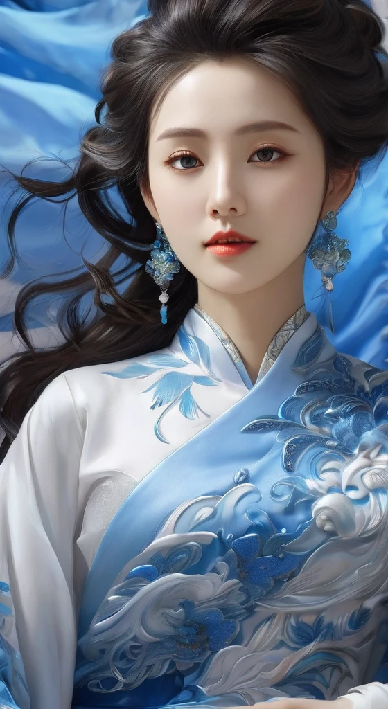 a close up of a woman wearing a blue dress and a red scarf, palace ， a girl in hanfu, chinese style, beautiful digital artwork, chinese girl, beautiful character painting, beautiful render of tang dynasty, a beautiful fantasy empress, 8k high quality detailed art, Ghost Festival, by Li Song, a beautiful artwork illustration