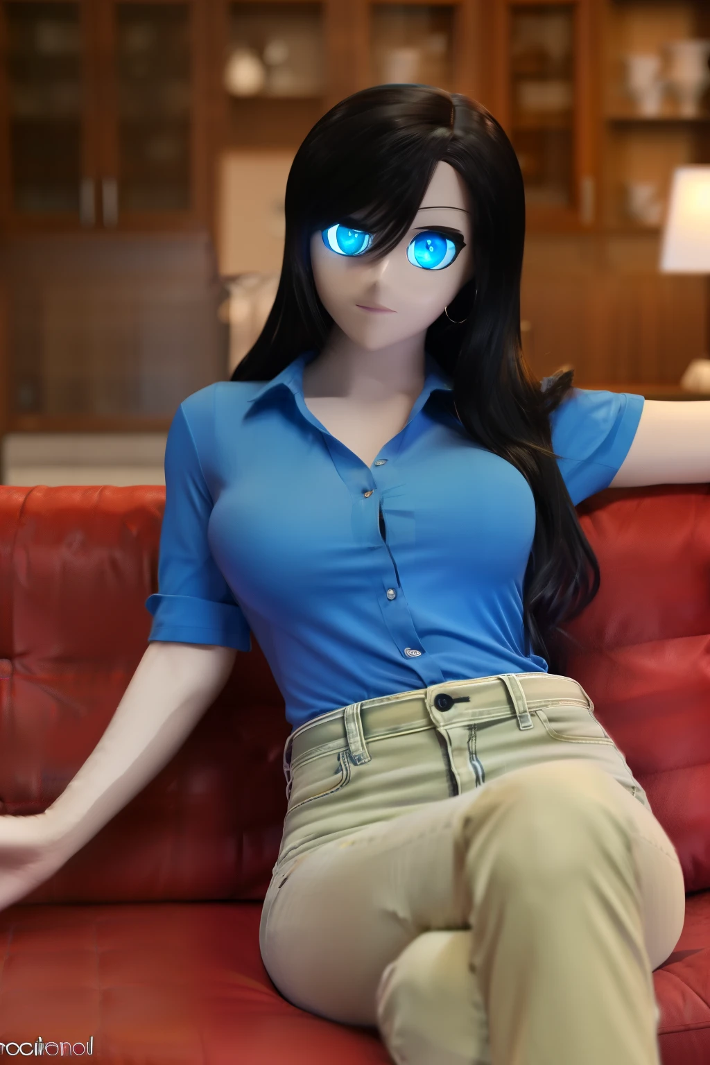 animatronic housewife, black hair, blue eyes, blue shirt, jeans, glowing eyes, on the couch, nsfw