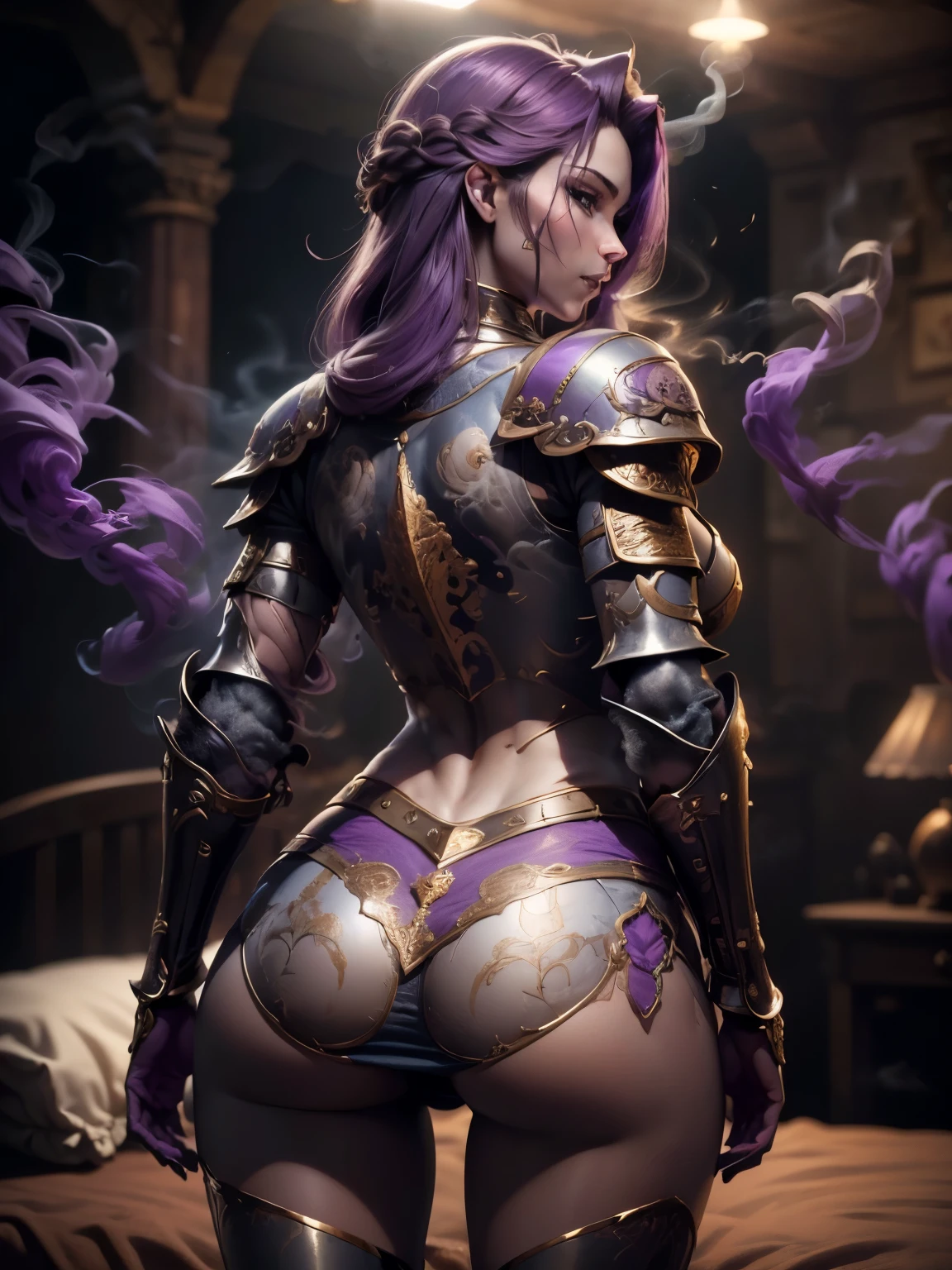 (Masterpiece, Superb Detail, Super Detailed, High Resolution), Male Focus, (((Female Armor))), (She Has Long Purple Hair, Medium Breasts, Slim, perfect body, beautiful face), look at viewer, (((purple panty))), (((smoke))), (((Turn back))), (((Show her butt))), (((In Skull Bed))), Bed room, Background Details, Solo