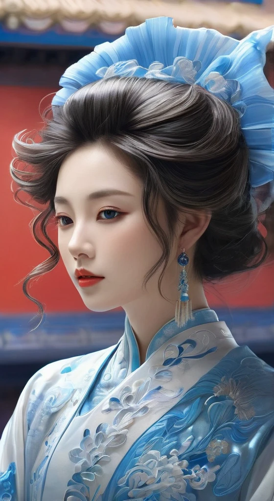 a close up of a woman wearing a blue dress and a red scarf, palace , a girl in hanfu, chinese style, beautiful digital artwork, chinese girl, beautiful character painting, beautiful render of tang dynasty, a beautiful fantasy empress, 8k high quality detailed art, Ghost Festival, by Li Song, a beautiful artwork illustration