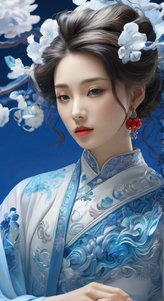 a close up of a woman wearing a blue dress and a red scarf, palace ， a girl in hanfu, chinese style, beautiful digital artwork, chinese girl, beautiful character painting, beautiful render of tang dynasty, a beautiful fantasy empress, 8k high quality detailed art, Ghost Festival, by Li Song, a beautiful artwork illustration