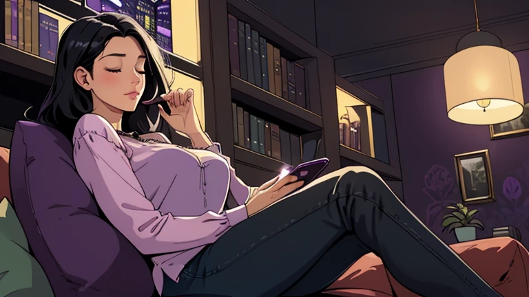 Beautiful woman in her 30s with black hair is sitting on the sofa. Looking down, eyes closed, LOFI girl, alone in the room, blouse, cozy wallpaper, big cushion, bookshelf, relaxing mood, night core, cozy, wide glass window with skyscrapers, outside view at night, only five fingers, purple wall, Holding a smartphone in hand
