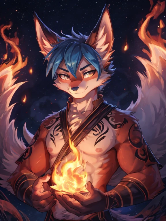 Azuna boy in hell, fire bending, kitsune ears, jardin zen, lanzando rayo azul