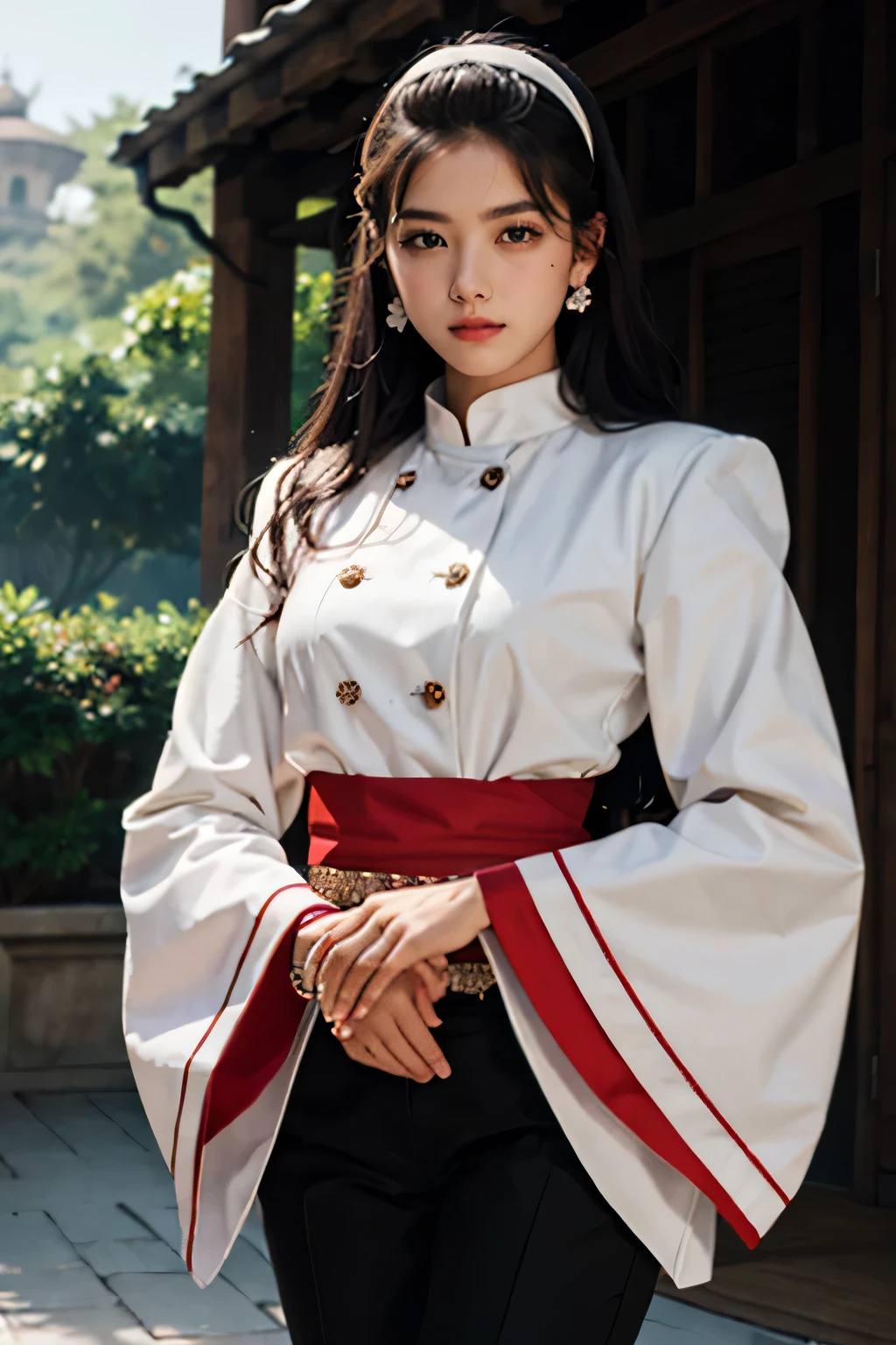 best quality,masterpiece,highres,original,extremely detailed wallpaper,perfect lighting,extremely detailed CG,perfect_photography.txt,
chizurums,hairband,jewelry,earrings,wide sleeves,long sleeves,buttons,high heels,sash,bracelet,black pants,