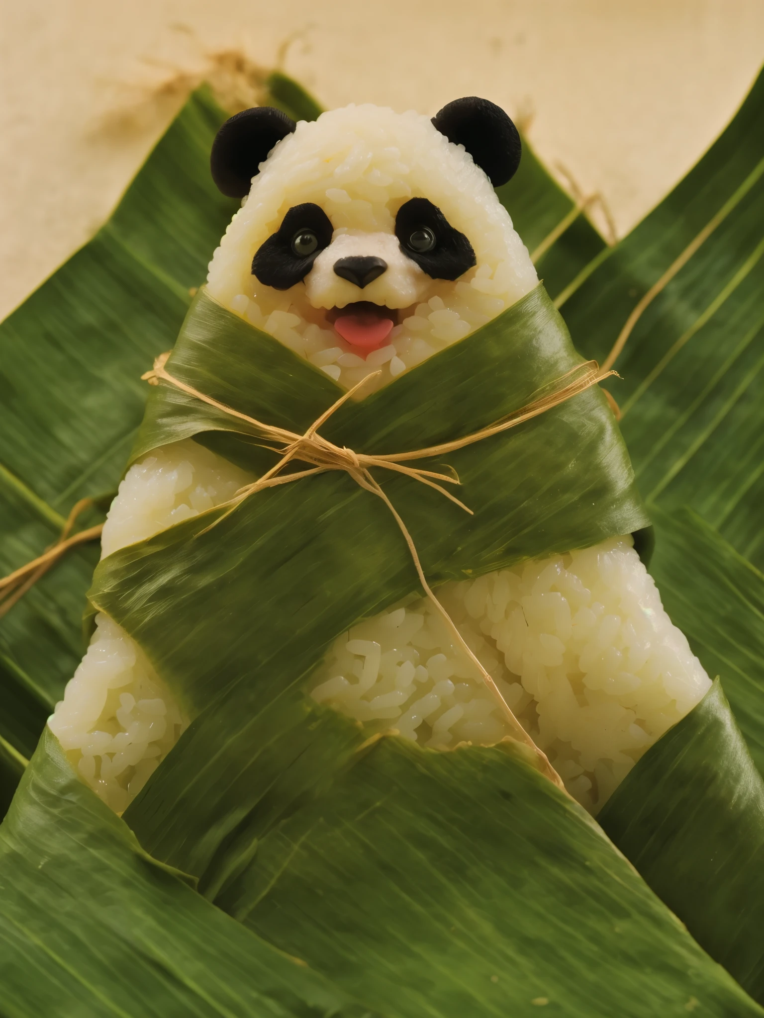 A panda-shaped zongzi, made of glutinous rice, has a cute expression, the lower half of the body is wrapped in tapered leaves, the head sticking out of the leaves, equidistant, cartoon-style, Macro Lens, studio light, nature, soft lighting, film grain, cowboy shot, epiCPhoto