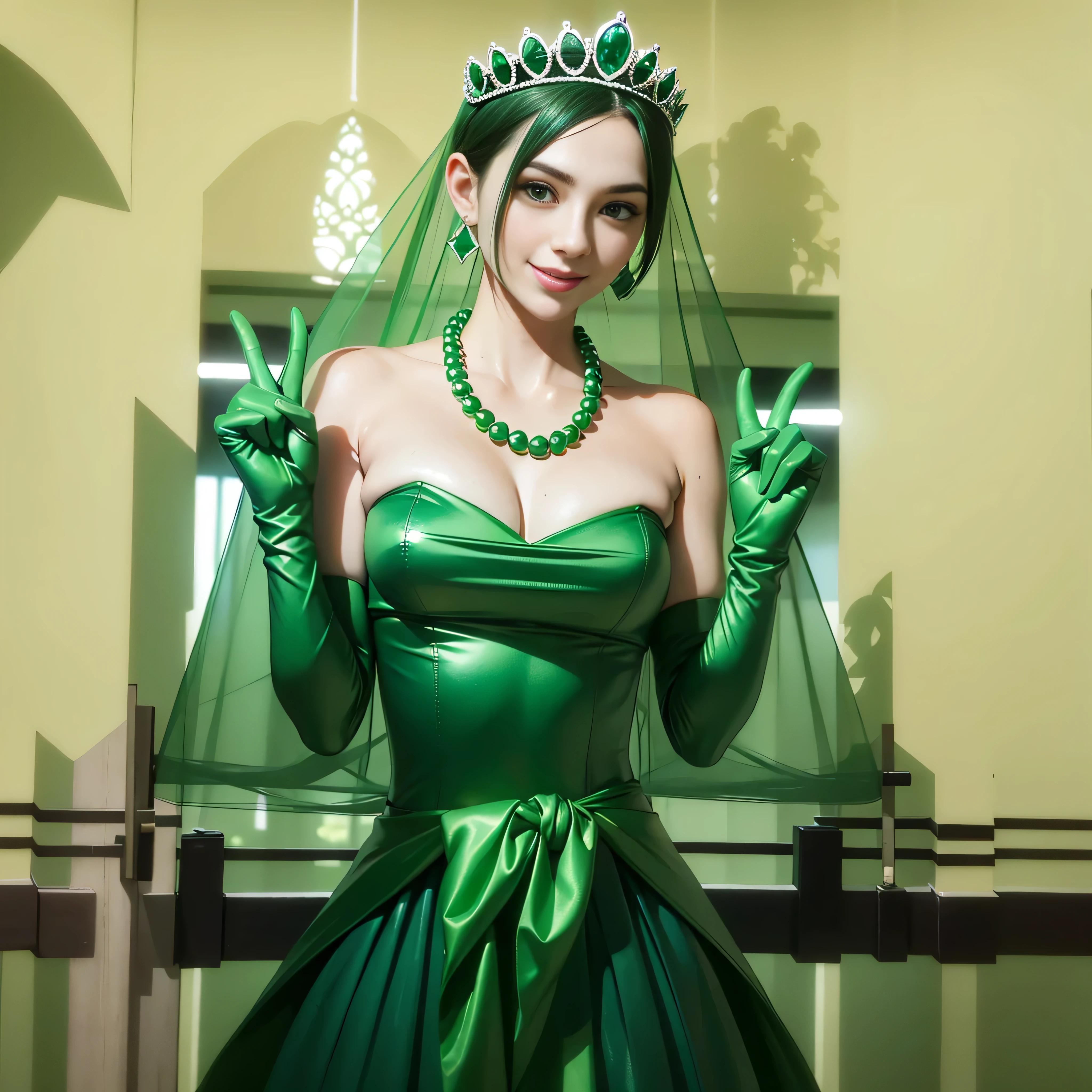 Emerald tiara, Green Pearl Necklace, Boyish very short green hair, lipstick, Smiling Japanese woman, Very short hair, Big and beautiful, Green Eyes, Long green satin gloves, Green Eyes, V sign, Emerald Earrings, Green veil, peace sign, 30-year-old female, Bride in her 30s
