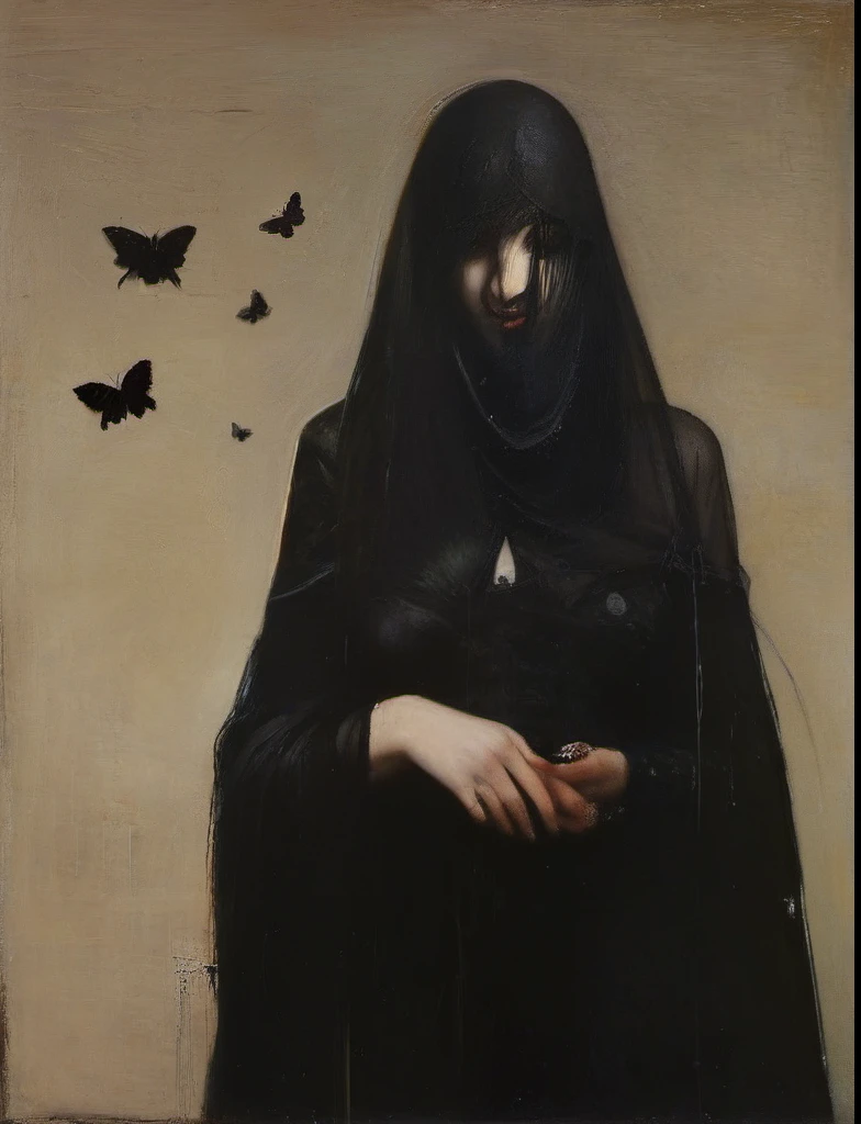 James Gurney, Surrealist art , dream-like, Mysterious, Provocative, symbolic, Complex, detailed,, (Gothic but very beautiful:1.4), (masterpiece, highest quality:1.4) , Nicola Samori Style, lover、Small black butterfly、Little Crow、Young and beautiful woman