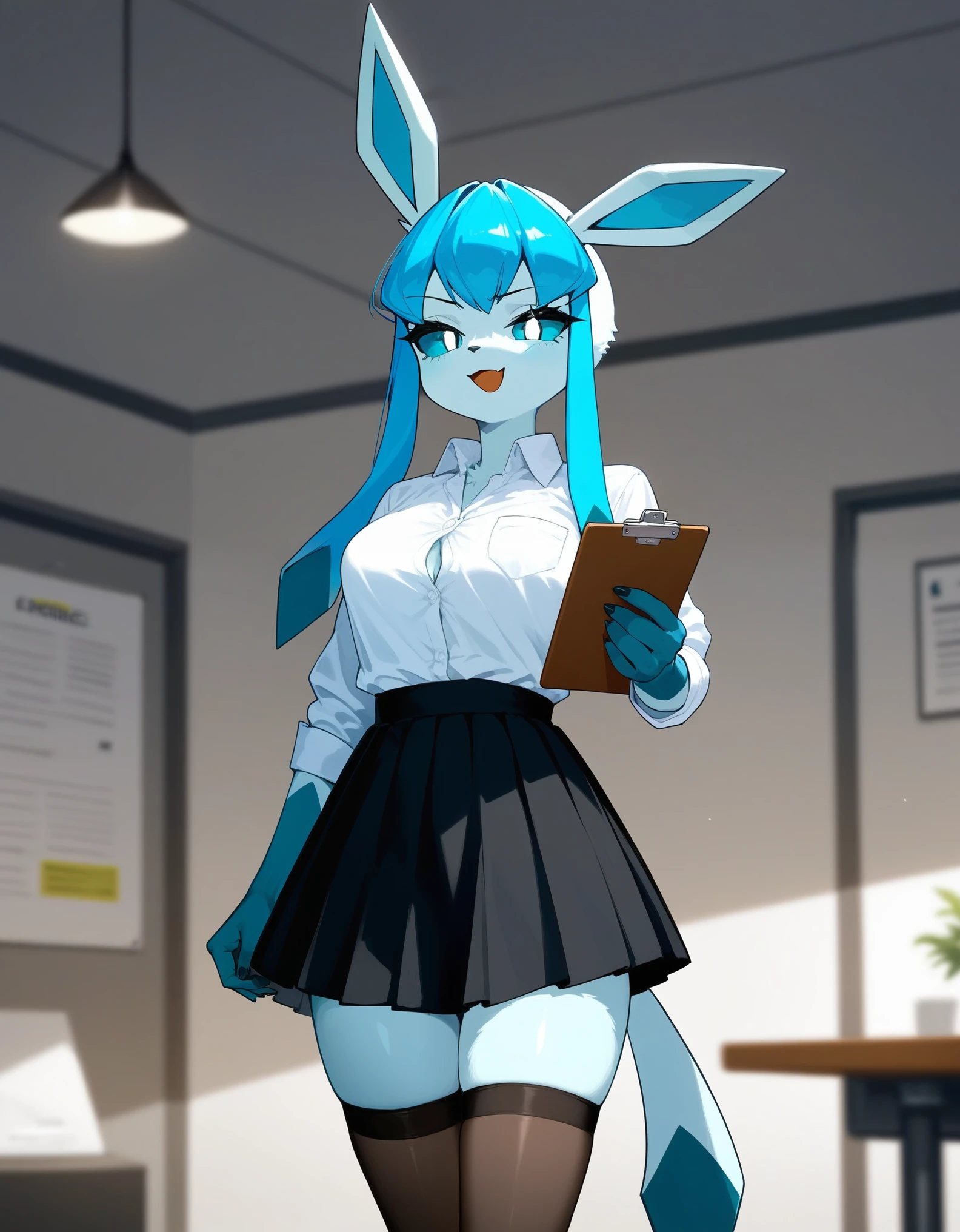 Solo, score_9,score_8_up,score_7_up, source_furry, an Anthro furry Glaceon female, blue sclera, white eyes, long hair,wearing white button up shirt, black skirt, thigh high socks, simplified background, looking bored, holding a single clipboard with both hands, standing, looking at viewer, open mouth smile, grey indoors background, Breasts exposed, Small breasts, Nipples