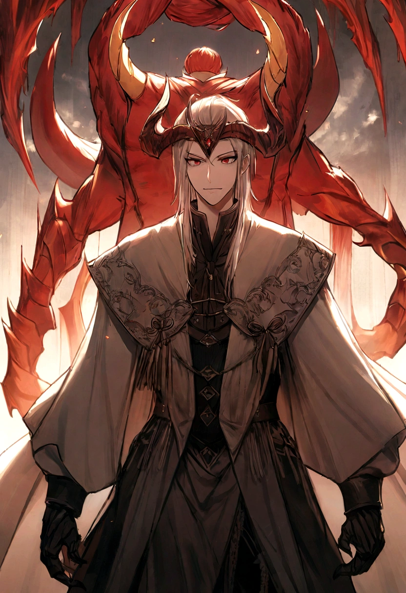 obra de arte,Melhor qualidade,1 menino,joia,foco masculino,olhando para o espectador, red eyes like a dragon, horns on head, red dragon horn,Sozinho, red dragon syrup, fundo de cidade medieval pegando fogo, cabelo branco claro com mexas vermelhas, escamas vermelhas nas bochechas, hands dragon claws, sorrindo
