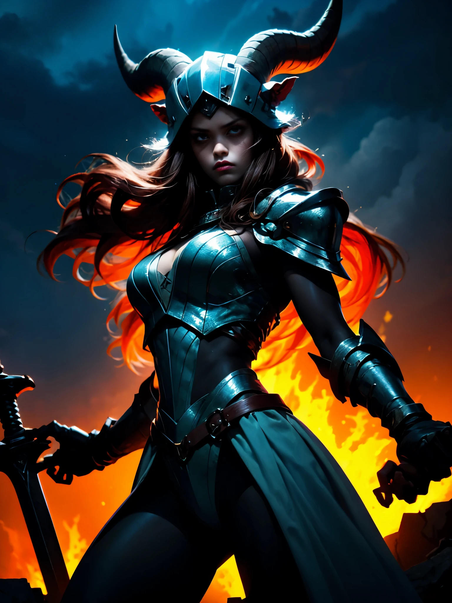 a beautiful female warrior from hell, detailed armor, detailed face, tough expression, glowing red eyes, fiery hair, primitive clothing, a helmet with large goat horns, Platinum Breastplate, battle-scarred, muscular build, holding a bloodstained sword, dark cloudy sky, lightning strikes, ruins and destruction in the background, moody lighting, cinematic composition, digital art, highly detailed, photorealistic, muted color palette, dark fantasy, slim, otherscape