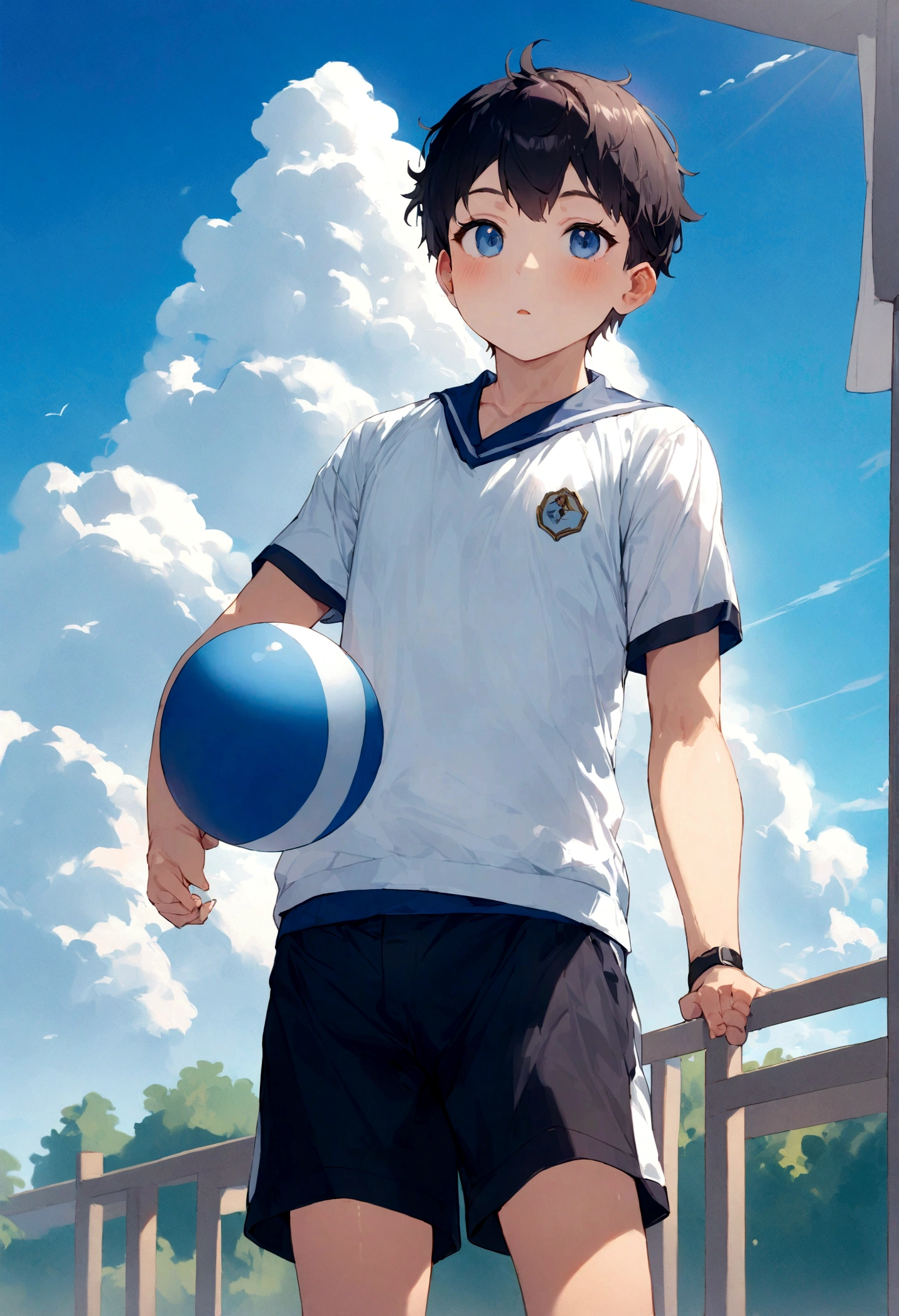 A man wearing shorts with his , With cloud, With blue sky, With a beautiful sky、、Primary school studentsutiful、cute、high resolution、Sports、