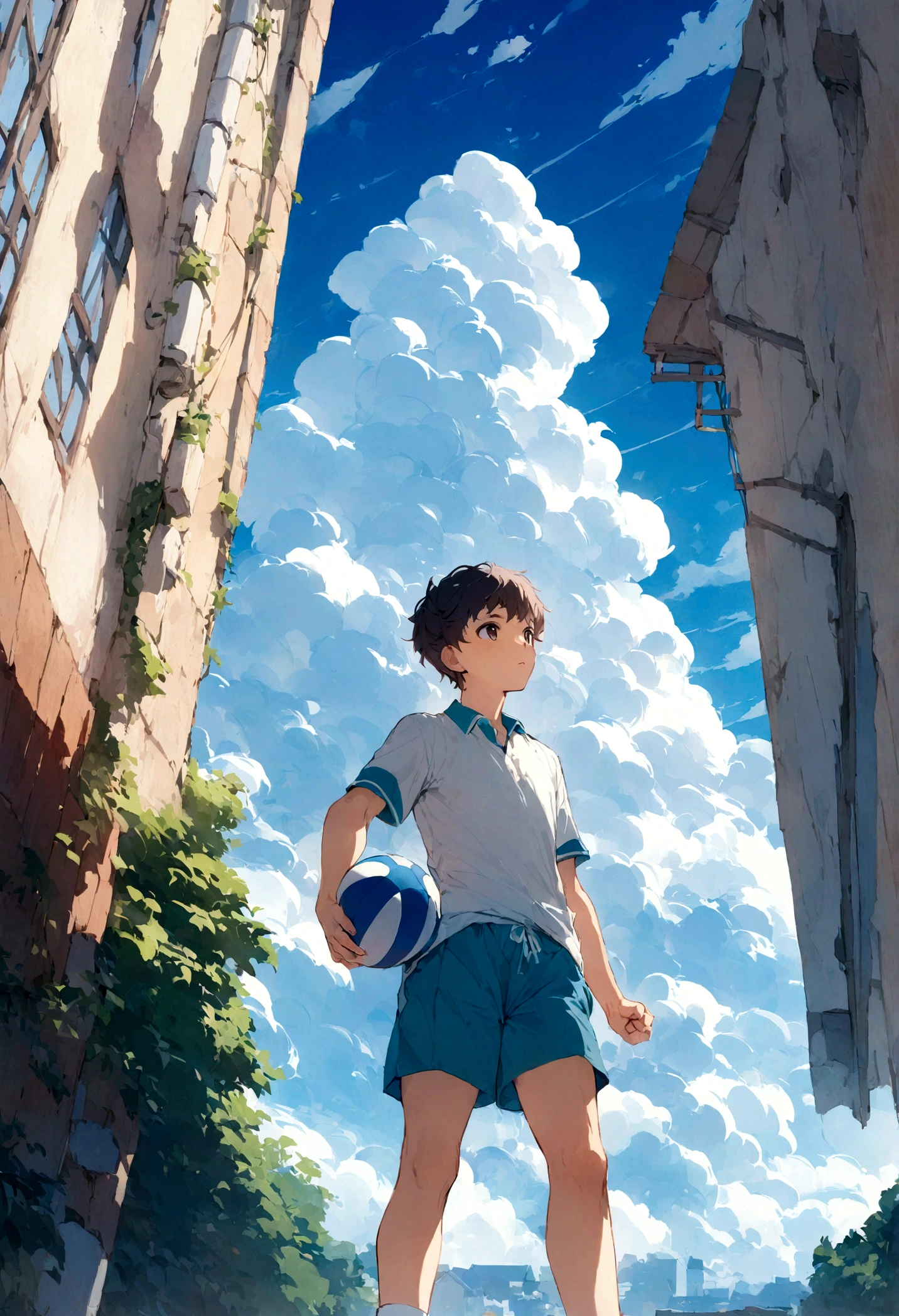 A man wearing shorts with his , With cloud, With blue sky, With a beautiful sky、Primary school students、Primary school students男子、Holding the ball、beautiful、cute、high resolution、Sports、