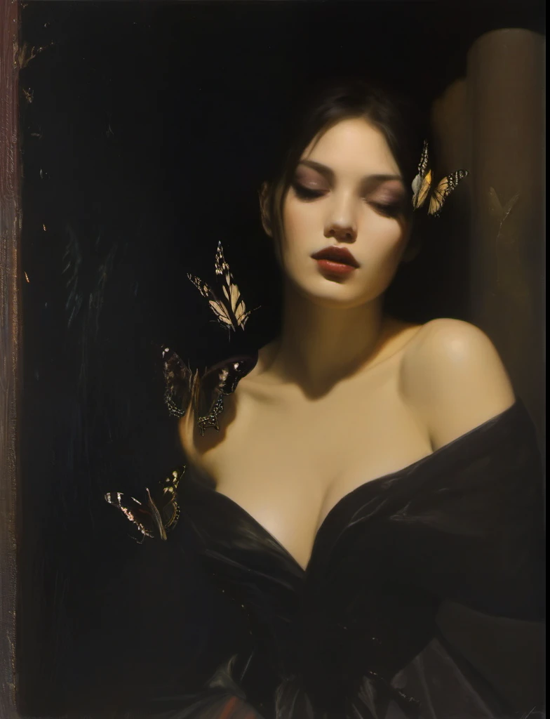 James Gurney, Surrealist art , dream-like, Mysterious, Provocative, symbolic, Complex, detailed,, (Gothic but very beautiful:1.4), (masterpiece, highest quality:1.4) , Nicola Samori Style, lover、Young and beautiful woman、butterfly、black