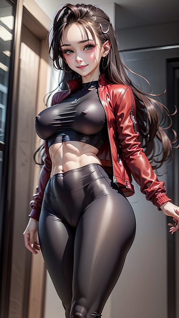 A young girl with pale skin, green eyes, and long black wavy hair, standing in a nighttime cemetery, wearing a tight white top with a deep neckline, a transparent crop top, and tight black pants with boots. She has an open red jacket, and her hair is blowing in the wind. She is smiling and looking at the camera, with visible nipples and red lips. In the background, there are bats flying in the ominous sky, creating a horrifying atmosphere. She has an athletic build.