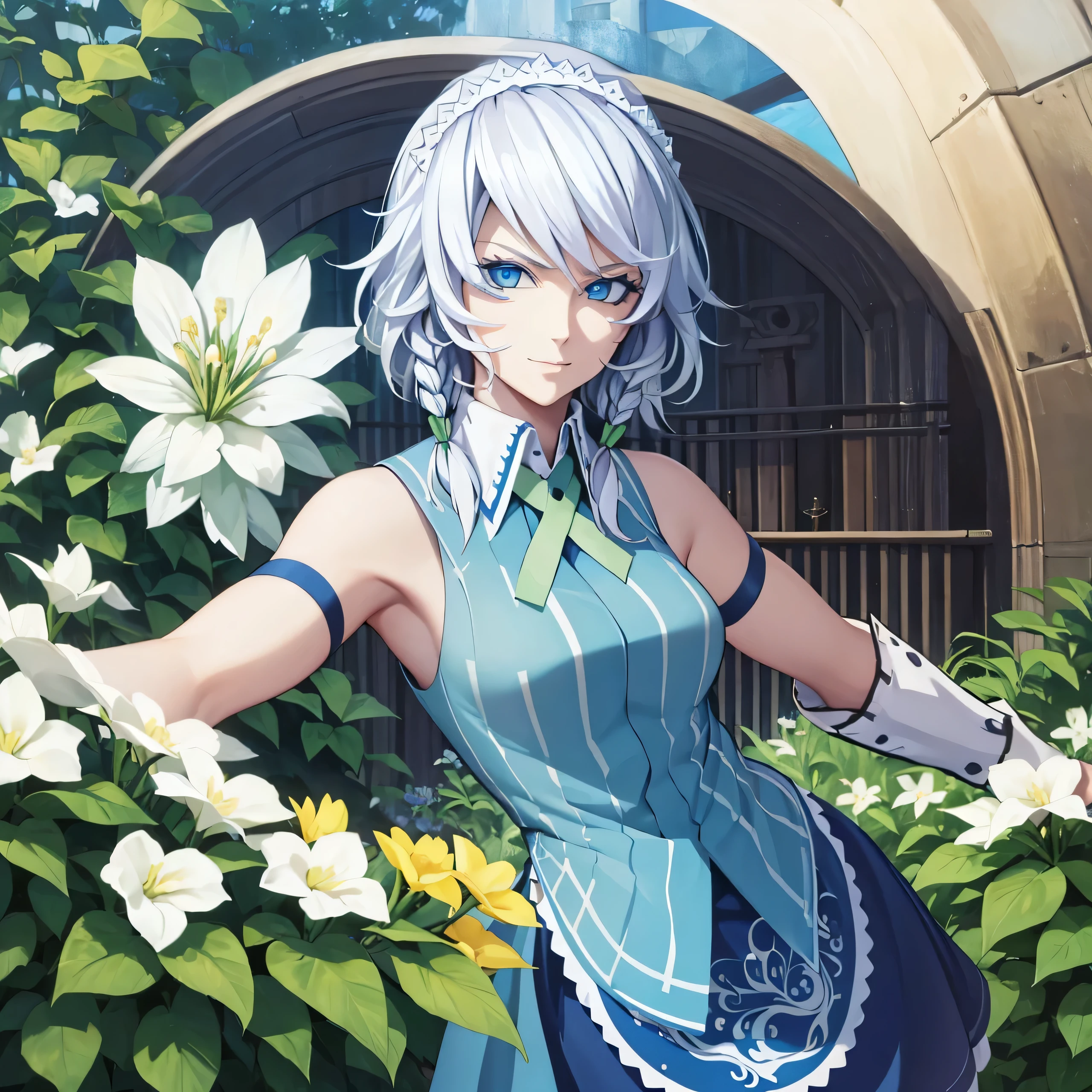 (high-quality, breathtaking),(expressive eyes, perfect face) 1girl, female, solo, portrait, adult, Symmetrical Eyes, hourglass body, upper body, , positive expression, charming smile, detailed eyes, garden, Molly Flowers, spring,  Mature woman, enchantress, beautiful, , vivid colors, Circe Greek Myth,  , Sakuya izayoi, silver hair, maid dress, white apron, very short skirt, sexy pose,, sleeveless outfit, detailed face, detailed eyes, fresh blue eyes, big green ribbons, blue outfit, small-to-medium breasts, white hair, bowtie girl, white maid headband,
