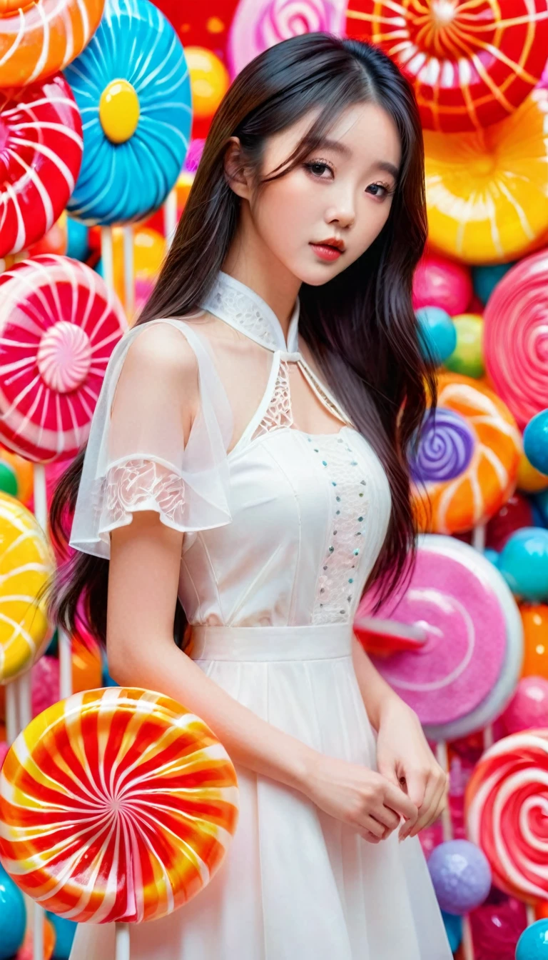 Portrait photography,A beautiful Chinese girl stands in the center of an endless candy world, surrounded by giant lollipops and colorful candies. She is dressed in white with long hair cascading down her shoulders, exuding elegance in the style of Korean pop culture. The scene captures her full body from head to toe, creating a visually stunning composition. This high quality photograph showcases intricate details, including textures on and the vibrant colors of sweets, Movie light effect