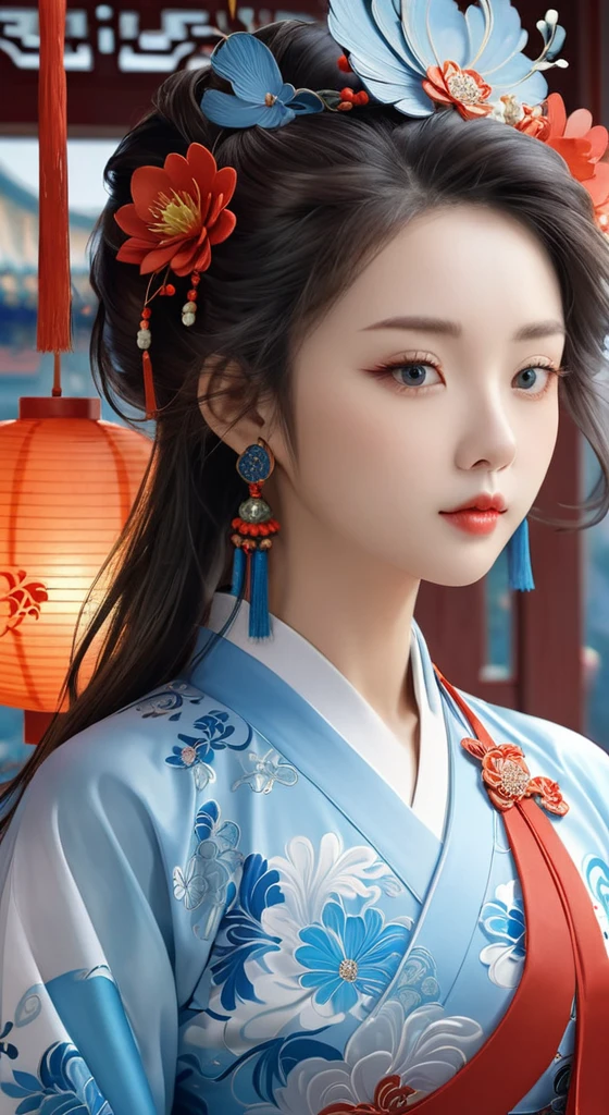a close up of a woman wearing a blue dress and a red scarf, palace ， a girl in hanfu, chinese style, beautiful digital artwork, chinese girl, beautiful character painting, beautiful render of tang dynasty, a beautiful fantasy empress, 8k high quality detailed art, Ghost Festival, by Li Song, a beautiful artwork illustration