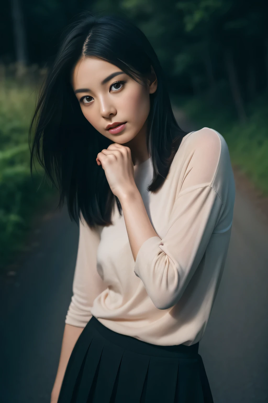 (masterpiece,high resolution,high quality),skirt,One Woman,walk、Steep mountain roads,whole body,(Beautiful Face:1.3,Detailed face、double eyelid,toil),Distress and despair,Bob Hair,Black Hair,Iris,Outdoor,distress, Very elegant and beautiful,Realistic,gravure,Adult female,Japanese women,(Perfect Anatomy、Beautiful body),Path of Darkness、Getting lost、Cloudy、Unknown Road、Dark Night Road、Artistic darkness background、gravure、