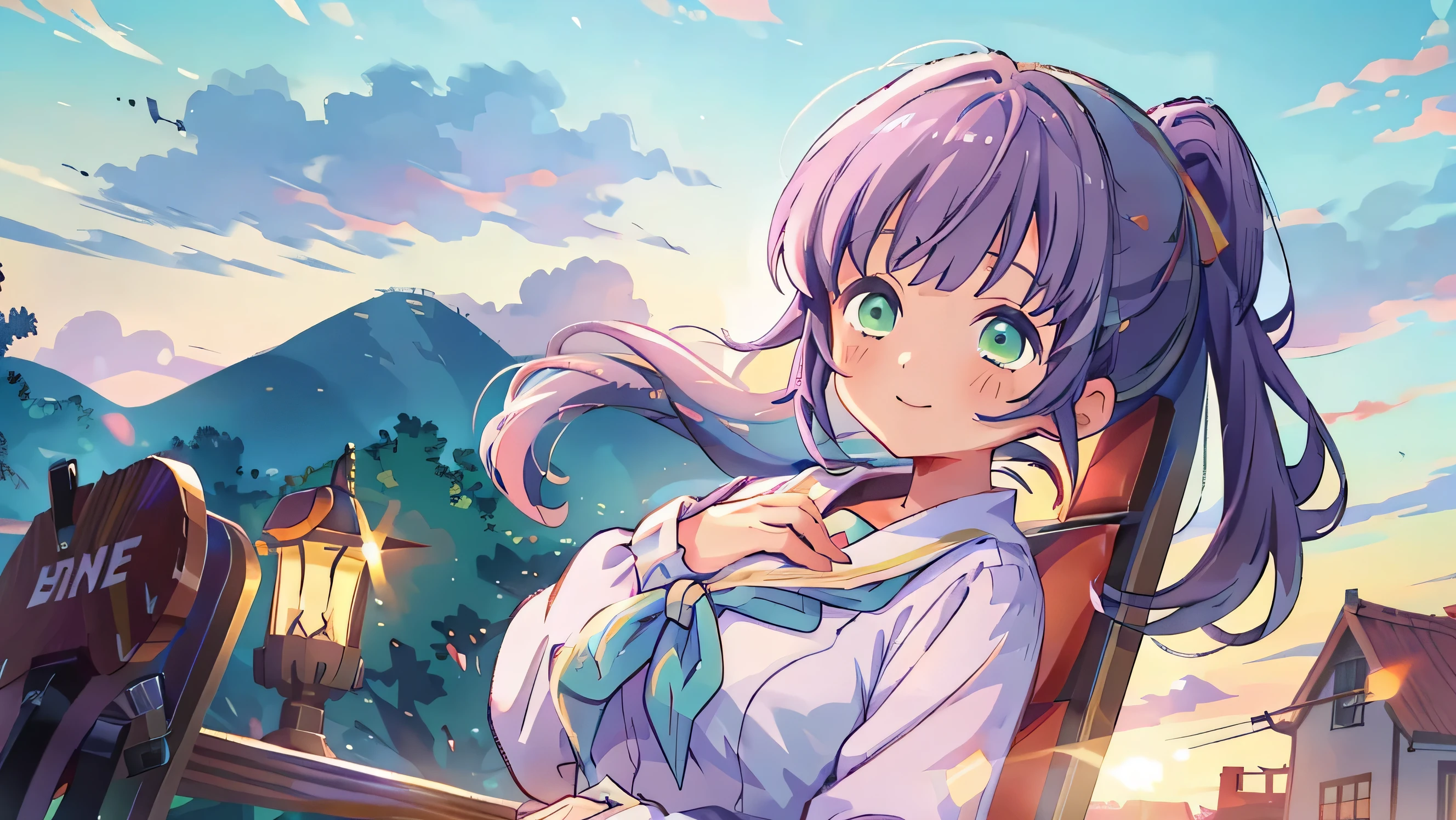 masterpiece, best quality, dusk, sunset, cloudy, game_cg, solo, bishoujo, light purple hair, ponytail, bangs, hair ribbon, light blush, tareme, light smile, green eyes, large breasts, sailor_collar, hand on own chest, LLKozue
ponytail
side ponytail,Otomune Kozue