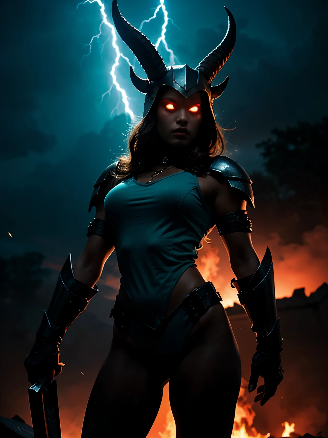 a beautiful female warrior from hell, detailed armor, detailed face, tough expression, glowing red eyes, fiery hair, primitive clothing, a helmet with large goat horns, battle-scarred, muscular build, holding a bloodstained sword, dark cloudy sky, lightning strikes, ruins and destruction in the background, moody lighting, cinematic composition, digital art, highly detailed, photorealistic, muted color palette, dark fantasy, slim, otherscape