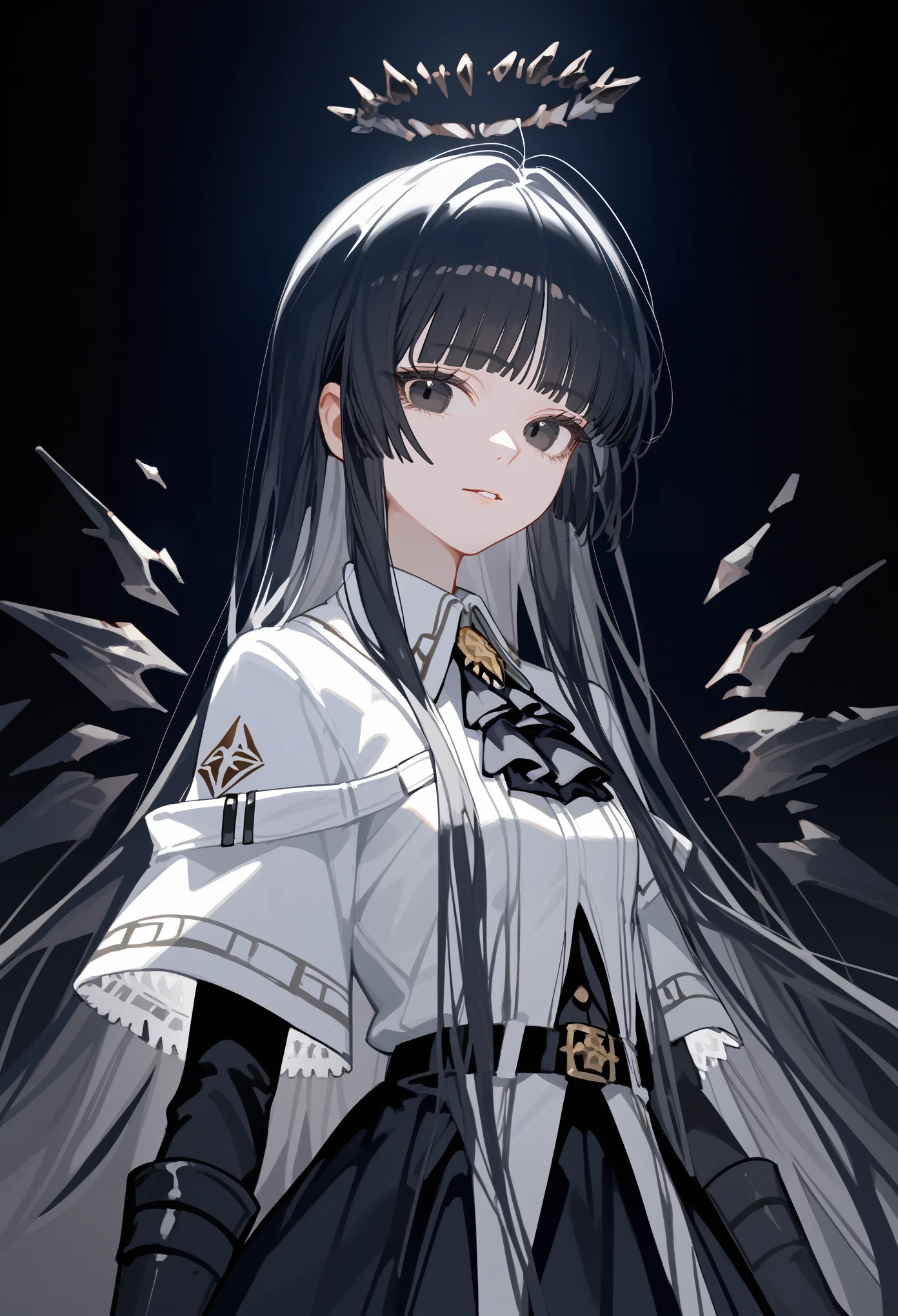 (score_9, score_8_up, score_7_up), 1girl, VirtuosaBase, black eyes, long hair, hime cut, broken halo, black ascot, white shirt, capelet, black sleeves, black gloves, belt, black skirt, energy wings, looking at viewer, upper body, zoom out, small breasts, calm, portrait, black background, eerie background, creepy