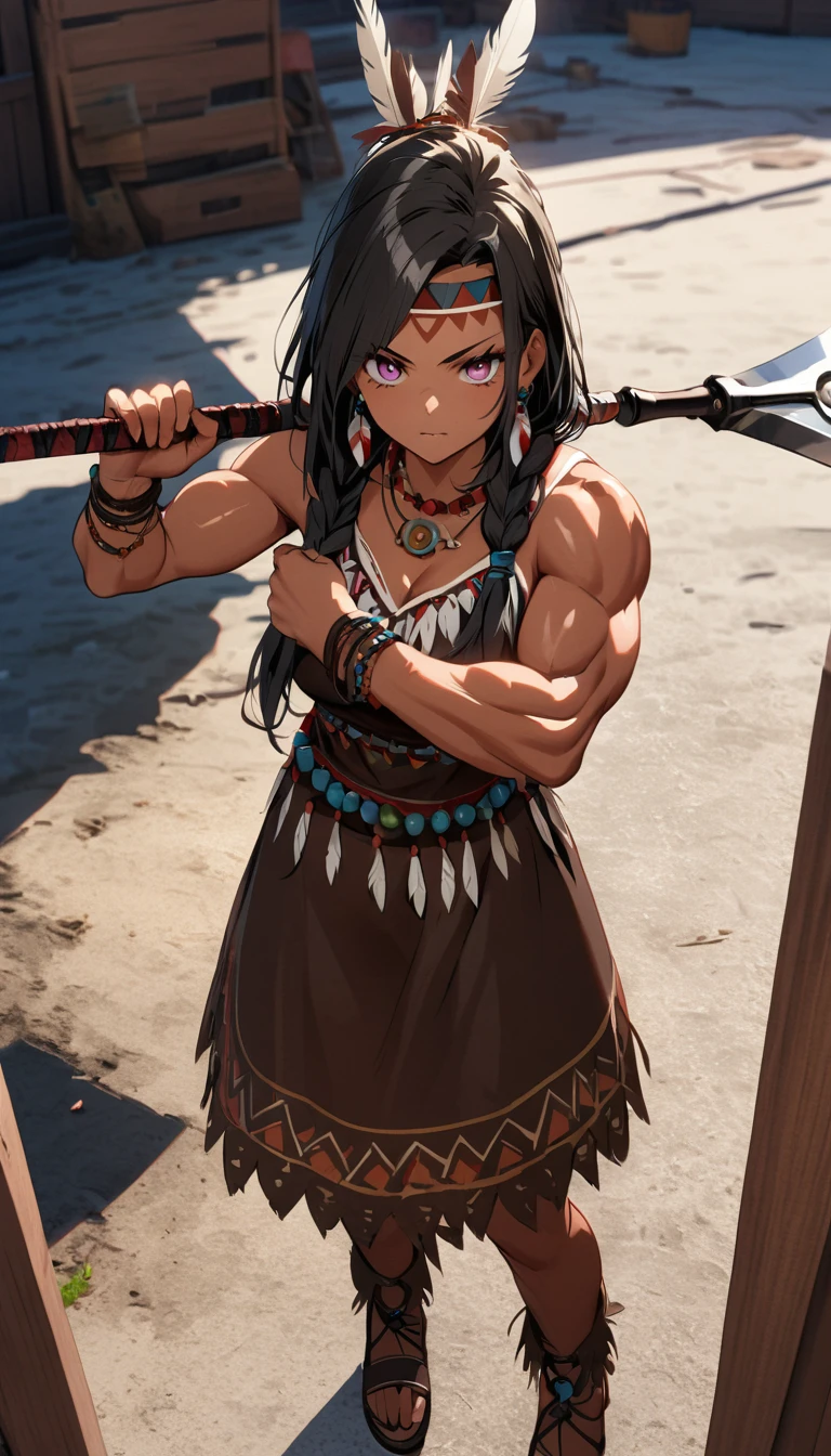 Native American female warrior\(cute,beautiful,age of 18,(muscular:1.5),(holding 1tomahawk:1.3),dark skin,dark floating hair,dark shiny eyes,big eyes,face with strong will,leather dress\(fringe, glass beads\),indian cape\(fringe, glass beads\), war bonnets\(Native American feather crown\),shiny dark fresh skin,breast,necklace\(lots of fangs),indian moccasins,glass bead earrings,full body\), BREAK 1hawk\(by female\),background\((outside),(wilderness),wasteland\),Dynamic fighting stance, dynamic angle, BREAK ,quality\(8k,wallpaper of extremely detailed CG unit, ​masterpiece,hight resolution,top-quality,top-quality real texture skin,hyper realisitic,increase the resolution,RAW photos,best qualtiy,highly detailed,the wallpaper,cinematic lighting,ray trace,golden ratio\)[nsfw:2.0],looking at viewer,long shot, wide shot,show tomahawk