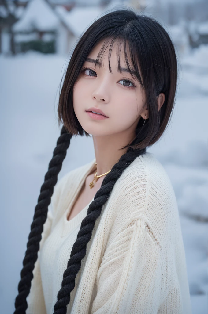 (High resolution:1.3), (16k, Photorealistic, Raw photo, Best image quality: 1.4), Japanese, (One Girl), Beautiful Face, (A vivid face), (Black-haired、short hair:1.3), Beautiful Hairstyles, Realistic eyes, Beautifully detailed eyes, (Realistic Skin), Beautiful skins, attractive, 超A high resolution, Surreal, High detail, Golden Ratio, Highly detailed cute girl,(20-year-old), There is a rope around his neck、Snowstorm、Snow Mountain