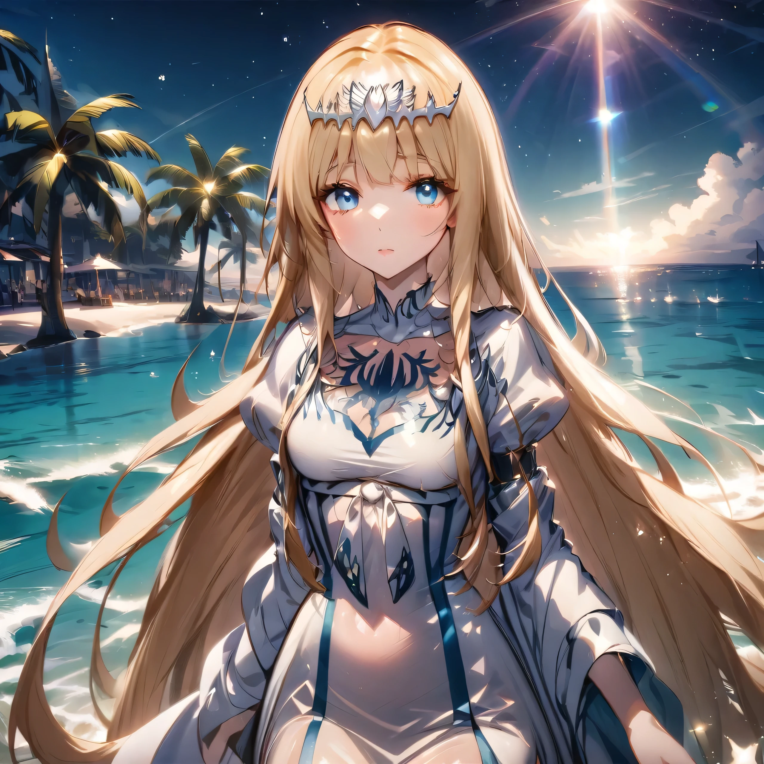 ``She has long hair and beautiful eyes.、。、The light reflected on the water surface、Beyond that is an illuminated bridge、It must depict a romantic Hawaiian beach at night.。, Enhance the sparkle effect and rainbow throughout the image. Enhance your looks、Add some special frills to your dress to make it stand out.", 1girl,, solo, Calca, Calca Bessarez, blonde hair, extremely long hair, (very long hair:1.3), white tiara, , white dress, blue eyes, medium chest,
